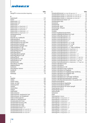 146
Q.........................................................................................Seite
Quergriff für Sechskant-Steckschlüssel doppelseitig........................................39
R
Randschaufel....................................................................................110
Rechen .............................................................................................111
Reduzierstück 1/2"............................................................................48
Reduzierstück 3/4"............................................................................54
Reduzierstück 1"................................................................................58
Reduzierstück für Schlagschrauber 1/2" ....................................................61
Reduzierstück für Schlagschrauber 3/4" ....................................................63
Reduzierstück für Schlagschrauber 1" .......................................................65
Reduzierstück für Schlagschrauber 1.1/2"..................................................66
Reduzierstück für Schlagschrauber 2.1/2"..................................................66
Reinigungswerkzeug........................................................................102
Reissnadel..........................................................................................93
Responder RA, Handleuchte............................................................136
Ringmaulschlüssel..............................................................................15
Ringmaulschlüssel extra lang ............................................................17
Ringmaulschlüssel extra lang Sätze...................................................17
Ringmaulschlüssel gekröpft...............................................................17
Ringmaulschlüssel gekröpft Sätze .....................................................17
Ringmaulschlüssel in Zoll...................................................................16
Ringmaulschlüssel in Zoll Satz...........................................................16
Ringmaulschlüssel-Sätze....................................................................15
Ringschlagschlüssel............................................................................24
Ringschlagschlüssel gekröpft.............................................................25
Ringschlagschlüssel in Zoll.................................................................25
Ringzugschlüssel ................................................................................27
Ringzugschlüssel in Zoll.....................................................................27
Ringzugschlüssel Satz ........................................................................28
Rohrabschneider...............................................................................121
Rohrschlüssel verstellbar ...................................................................76
Rollgabelschlüssel..............................................................................76
Roststecher.......................................................................................100
Rückschlagfreie Hämmer...................................................................89
Rundbürste.......................................................................................104
Rundfeile..........................................................................................122
Rundzange..........................................................................................78
S.................................................................................................
Sägeblatt..........................................................................................120
Schaber.............................................................................................100
Schaber konkav................................................................................100
Schaber mit Stiel..............................................................................100
Schaberspachtel .................................................................................99
Schäckel ...........................................................................................124
Schieberklaue.....................................................................................35
Schlegel..............................................................................................88
Schlitzmeißel......................................................................................92
Schlosserhammer...............................................................................84
Schlosserhammer amerikanische Form.............................................86
Schlosserhammer mit Fiberglasstiel..................................................84
Schlosser-Werkzeugkasten...............................................................138
Schlüssel für Tankwagenventil...........................................................35
Schraubendreher-Bit 6-Kant.............................................................124
Schraubendreher-Bit Kreuz (PH) ......................................................124
Schraubendreher-Bit Profil...............................................................124
Schraubendreher-Bit Schlitz .............................................................124
Schraubendreher-Einsatz 1/2"...........................................................51
Schraubendrehereinsatz mit 6-Kant Stift 1/2" .........................................51
Schraubendrehereinsatz mit 6-Kant Stift 3/4" .........................................56
Schraubendrehereinsatz mit 6-Kant Stift 1".............................................59
S .........................................................................................Seite
Schraubendrehereinsatz mit 6-Kant Stift lange Form 1/2" ..........................51
Schraubendreher-Einsätze für Schlagschrauber mit 6-Kant Stift 1/2".............60
Schraubendreher-Einsätze für Schlagschrauber mit 6-Kant Stift 3/4".................62
Schraubendreher-Einsätze für Schlagschrauber mit 6-Kant Stift 1" ................64
Schraubendrehereinsatz-Kästen 1/2"................................................52
Schraubendreher-Sätze.......................................................................69
Schraubstock ....................................................................................121
Schraubzwinge .................................................................................121
Schraubzwinge, Spann.....................................................................121
Schraubzwinge, Tiefspann................................................................121
Schrotmeißel......................................................................................88
Schrubber .........................................................................................104
Sechskant Kugelkopfschraubendreher...............................................70
Sechskant Kugelkopfstiftschlüssel mit T-Griff....................................74
Sechskant Steckschlüsseleinsatz 1/4"...............................................44
Sechskant Steckschlüsseleinsatz 1/2"...............................................46
Sechskant Steckschlüsseleinsatz 3/4"...............................................53
Sechskant Steckschlüsseleinsatz 1"...................................................57
Sechskant Steckschlüsseleinsatz 1/2" in Zoll....................................46
Sechskant Steckschlüsseleinsatz 3/4" in Zoll....................................53
Sechskant Steckschlüsseleinsatz 1" in Zoll........................................57
Sechskant Steckschlüsseleinsatz 1/2" lange Ausführung.................47
Sechskant Steckschlüsseleinsatz für Schlagschrauber 1/2" .......................60
Sechskant Steckschlüsseleinsatz für Schlagschrauber 3/4" .......................62
Sechskant Steckschlüsseleinsatz für Schlagschrauber 1" ..........................64
Sechskant Steckschlüsseleinsatz für Schlagschrauber 1.1/2".....................66
Sechskant Steckschlüsseleinsatz für Schlagschrauber 2.1/2".....................66
Sechskant Steckschlüsseleinsatz für Schlagschrauber 1/2" lange Form........60
Sechskant Steckschlüsseleinsatz für Schlagschrauber 3/4" lange Form........62
Sechskant Steckschlüsseleinsatz für Schlagschrauber 1" lange Form ...........64
Sechskant Steckschlüsseleinsatz für Schlagschrauber 1.1/2" lange Form......66
Sechskant Stiftschlüssel Sätze............................................................71
Sechskant Stiftschlüssel .....................................................................72
Sechskant Stiftschlüssel in Zoll..........................................................72
Sechskant Stiftschlüssel lange Ausführung .......................................72
Sechskant Stiftschlüssel mit Kugelkopf .............................................73
Sechskant Stiftschlüssel mit Kugelkopf lange Ausführung................73
Sechskant Stiftschlüssel mit Kugelkopf Sätze....................................71
Sechskant Stiftschlüssel mit T-Griff....................................................73
Sechskant Stiftschlüssel mit T-Griff lange Ausführung......................73
Sechskant Stiftschlüsselschraubendreher gewinkelt .........................70
Sechskant Stiftschlüsselschraubendreher mit geradem Griff ............70
Sechskant-Steckschlüssel ...................................................................38
Sechskant-Steckschlüssel doppelseitig ..............................................39
Sechskant-Steckschlüssel gewinkelt..................................................39
Sechskant-Steckschlüssel mit festem Quergriff.................................40
Seegeringzange Form A.....................................................................80
Seegeringzange Form C.....................................................................80
Seitenschneider..................................................................................78
Setzhammer.......................................................................................86
Sichel................................................................................................112
Sicherungsring für Hämmer .................................................................124
Sicherungsring für Schlagschrauber 1/2"...................................................61
Sicherungsring für Schlagschrauber 3/4"...................................................63
Sicherungsring für Schlagschrauber 1" ......................................................65
Sicherungsring für Schlagschrauber 1.1/2".................................................66
Sicherungsring für Schlagschrauber 2.1/2".................................................66
Sicherungsstift für Schlagschrauber 1/2"...................................................61
Sicherungsstift für Schlagschrauber 3/4"...................................................63
Sicherungsstift für Schlagschrauber 1" ......................................................65
Sicherungsstift für Schlagschrauber 1.1/2".................................................65
Sicherungsstift für Schlagschrauber 2.1/2".................................................65
 