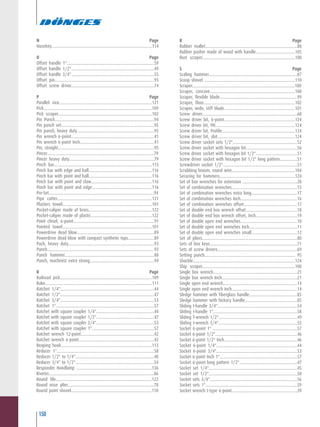 150
N.........................................................................................Page
Nosekey...........................................................................................114
O.........................................................................................Page
Offset handle 1"................................................................................59
Offset handle 1/2"............................................................................49
Offset handle 3/4"............................................................................55
Offset pin...........................................................................................93
Offset screw driver............................................................................74
P.........................................................................................Page
Parallel vice.....................................................................................121
Pick..................................................................................................109
Pick scraper......................................................................................102
Pin Punch...........................................................................................94
Pin punch set.....................................................................................95
Pin punch, heavy duty.......................................................................95
Pin wrench 6-point............................................................................41
Pin wrench 6-point Inch....................................................................41
Pin, straight........................................................................................95
Pincer.................................................................................................79
Pincer heavy duty..............................................................................79
Pinch bar..........................................................................................115
Pinch bar with edge and ball..........................................................116
Pinch bar with point and ball..........................................................116
Pinch bar with point and claw........................................................116
Pinch bar with point and edge.......................................................116
Pin-Set................................................................................................94
Pipe cutter.......................................................................................121
Plasters towel..................................................................................101
Pocket-caliper made of brass..........................................................122
Pocket-caliper made of plastic........................................................122
Point chisel, 6-point..........................................................................91
Pointed towel..................................................................................101
Powerdrive dead blow.......................................................................89
Powerdrive dead blow with compact synthetic tops........................89
Puch, heavy duty...............................................................................93
Punch.................................................................................................93
Punch hammer..................................................................................88
Punch, machinist extra strong...........................................................94
R.........................................................................................Page
Railroad pick....................................................................................109
Rake.................................................................................................111
Ratchet 1/4"......................................................................................44
Ratchet 1/2"......................................................................................47
Ratchet 3/4"......................................................................................53
Ratchet 1"..........................................................................................57
Ratchet with square coupler 1/4".....................................................44
Ratchet with square coupler 1/2".....................................................47
Ratchet with square coupler 3/4".....................................................53
Ratchet with square coupler 1".........................................................57
Ratchet wrench 12-point...................................................................42
Ratchet wrench 6-point.....................................................................42
Reaping hook...................................................................................112
Reducer 1".........................................................................................58
Reducer 1/2" to 1/4"........................................................................48
Reducer 3/4" to 1/2"........................................................................54
Responder Handlamp .....................................................................136
Riveter................................................................................................86
Round file........................................................................................122
Round nose plier...............................................................................78
Round point shovel..........................................................................110
R.........................................................................................Page
Rubber mallet....................................................................................88
Rubber pusher made of wood with handle....................................105
Rust scraper.....................................................................................100
S .........................................................................................Page
Scaling hammer.................................................................................87
Scoop shovel ...................................................................................110
Scraper.............................................................................................100
Scraper, concave..............................................................................100
Scraper, flexible blade.......................................................................99
Scraper, floor....................................................................................102
Scraper, wide, stiff blade.................................................................101
Screw driver.......................................................................................68
Screw driver bit, 6-point.................................................................124
Screw driver bit, PH.........................................................................124
Screw driver bit, Profile...................................................................124
Screw driver bit, slot.......................................................................124
Screw driver socket sets 1/2"...........................................................52
Screw driver socket with hexagon bit...............................................56
Screw driver socket with hexagon bit 1/2"......................................51
Screw driver socket with hexagon bit 1/2" long pattern................51
Screwdriver socket 1/2"....................................................................51
Scrubbing broom, round wire..........................................................104
Securing for hammers.....................................................................124
Set of box wrenches for extension ..................................................28
Set of combination wrenches............................................................15
Set of combination wrenches extra long..........................................17
Set of combination wrenches Inch....................................................16
Set of combination wrenches offset.................................................17
Set of double end box wrench offset...............................................18
Set of double end box wrench offset, Inch......................................19
Set of double open end wrenches....................................................10
Set of double open end wrenches Inch............................................11
Set of double open end wrenches small..........................................12
Set of pliers.......................................................................................80
Sets of hex keys................................................................................71
Sets of screw drivers.........................................................................69
Setting punch................................................................................... 95
Shackle.............................................................................................124
Ship scraper.....................................................................................100
Single box wrench.............................................................................21
Single box wrench Inch.....................................................................21
Single open end wrench....................................................................13
Single open end wrench Inch............................................................14
Sledge hammer with fiberglass handle............................................85
Sledge hammer with hickory handle................................................85
Sliding t-handle 3/4".........................................................................54
Sliding t-handle 1".............................................................................58
Sliding T-wrench 1/2"........................................................................49
Sliding t-wrench 3/4"........................................................................55
Socket 6-point 1" .............................................................................57
Socket 6-point 1/2"...........................................................................46
Socket 6-point 1/2" Inch...................................................................46
Socket 6-point 1/4"..........................................................................44
Socket 6-point 3/4"..........................................................................53
Socket 6-point Inch 1".......................................................................57
Socket 6-point long pattern 1/2".....................................................47
Socket set 1/4".................................................................................45
Socket set 1/2".................................................................................50
Socket sets 3/4"................................................................................56
Socket sets 1"....................................................................................59
Socket wrench L-type 6-point............................................................39
 