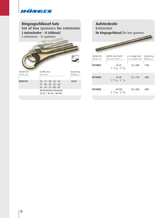 0271001S 22-42 22 x 600 1100
1. 3/16 - 1. 5/8
0271002S 46-58 25 x 750 2800
1.11/16 - 2. 1/4
0271003S 60-100 30 x 850 3800
2. 5/16 - 3. 3/8
28
0270111S 24 – 27 – 30 – 32 – 36 40200
41 – 46 – 50 – 55 – 60
65 – 70 – 75 – 80 – 85
Aufsteckrohre/Extensions
22-42 / 46-58 / 60-100
Aufsteckrohr
Extension
für Ringzugschlüssel/for box spanners
Ringzugschlüssel-Satz
Set of box spanners for extension
3 Aufsteckrohre - 15 Schlüssel/
3 extensions - 15 spanners
Artikel-Nr. Größe mm Gewicht g
Artikel-Nr. Größe mm/Inch/“ ø x Länge mm Gewicht g
 