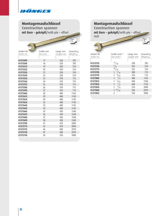 30
0137349S 17 320 295
0137350S 18 320 295
0137351S 19 350 510
0137352S 20 350 510
0137353S 21 350 510
0137354S 22 350 510
0137355S 23 370 715
0137356S 24 370 715
0137357S 25 370 715
0137358S 26 370 715
0137359S 27 370 715
0137360S 28 400 1145
0137361S 29 400 1145
0137362S 30 400 1145
0137363S 32 400 1145
0137364S 33 400 1145
0137365S 34 400 1145
0137366S 35 430 1540
0137367S 36 430 1540
0137368S 37 430 1540
0137369S 38 430 1540
0137370S 41 470 2090
0137371S 42 470 2090
0137372S 46 500 2970
0137373S 47 500 2970
0137374S 50 530 3900
Montagemaulschlüssel
Construction spanner
mit Dorn • gekröpft/with pin • offset
Montagemaulschlüssel
Construction spanner
mit Dorn • gekröpft/with pin • offset
Inch
0137375S 11/16 290 295
0137376S 7/8 355 510
0137377S 15/16 355 510
0137378S 1. 1/16 380 715
0137379S 1. 3/16 410 715
0137380S 1. 1/4 380 1145
0137381S 1. 7/16 460 1540
0137382S 1. 1/2 460 1145
0137383S 1. 5/8 510 2090
0137384S 1. 13/16 550 2970
0137385S 2 550 3900
Artikel-Nr. Größe mm Länge mm Gewicht g
Artikel-Nr. Größe Inch/“ Länge mm Gewicht g
 