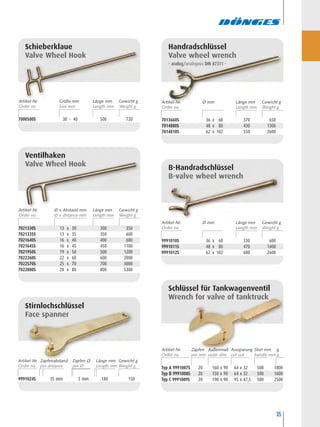 7000500S 30 – 40 500 720
Schieberklaue
Valve Wheel Hook
7021330S 13 x 30 300 350
7021335S 13 x 35 350 600
7021640S 16 x 40 400 680
7021645S 16 x 45 450 1100
7021950S 19 x 50 500 1200
7022260S 22 x 60 600 2000
7022570S 25 x 70 700 3000
7022880S 28 x 80 800 5300
Ventilhaken
Valve Wheel Hook
Handradschlüssel
Valve wheel wrench
- analog/analogous DIN 87311 -
7013660S 36 x 60 370 650
7014880S 48 x 80 430 1300
7014810S 62 x 102 550 2600
B-Handradschlüssel
B-valve wheel wrench
9991010S 36 x 60 330 600
9991011S 48 x 80 470 1400
9991012S 62 x 102 600 2600
Schlüssel für Tankwagenventil
Wrench for valve of tanktruck
Typ A 9991007S 20 160 x 90 64 x 32 500 1800
Typ B 9991008S 20 150 x 90 64 x 32 500 1600
Typ C 9991009S 20 190 x 90 95 x 47,5 500 2500
Stirnlochschlüssel
Face spanner
9991024S 35 mm 5 mm 180 150
Artikel-Nr. Ø mm Länge mm Gewicht g
Artikel-Nr. Ø mm Länge mm Gewicht g
Artikel-Nr. Größe mm Länge mm Gewicht g
Artikel-Nr. Ø x Abstand mm Länge mm Gewicht g
Artikel-Nr. Zapfenabstand Länge mm Gewicht gZapfen Ø
Artikel-Nr. Zapfen Aussparung gAußenmaß Stiel mm
35
 