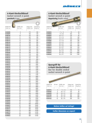 39
6-Kant-Steckschlüssel
Socket wrench 6-point
gewinkelt/L-type
0340008S 8 175 100
0340009S 9 185 120
0340010S 10 195 140
0340011S 11 205 180
0340012S 12 220 220
0340013S 13 240 280
0340014S 14 240 280
0340015S 15 250 300
0340016S 16 250 300
0340017S 17 270 320
0340018S 18 270 320
0340019S 19 290 530
0340020S 20 290 530
0340021S 21 310 680
0340022S 22 310 680
0340023S 23 335 830
0340024S 24 335 830
0340025S 25 365 1000
0340026S 26 365 1000
0340027S 27 365 1000
0340028S 28 395 1300
0340029S 29 395 1300
0340030S 30 395 1300
0340032S 32 425 1700
0340033S 33 425 1700
0340034S 34 425 1700
0340035S 35 465 2800
0340036S 36 465 2800
0340037S 37 465 2800
0340038S 38 465 2800
0340041S 41 510 3600
0340042S 42 510 3600
0340046S 46 555 4000
0340047S 47 555 4000
0340050S 50 605 4800
0340052S 52 605 4800
0340054S 54 660 6400
0340055S 55 660 6400
0340056S 56 660 6400
0340058S 58 730 8200
0340060S 60 730 8200
0340063S 63 730 8200
0340065S 65 800 10400
0340067S 67 800 10400
0340070S 70 800 10400
0340071S 71 800 10400
0340075S 75 880 14100
0340077S 77 880 14100
0340080S 80 880 14100
0340082S 82 880 14100
0340083S 7 x 8 95 50
0340084S 9 x 10 105 70
0340085S 10 x 11 120 85
0340086S 12 x 14 135 160
0340087S 14 x 17 150 205
0340088S 17 x 19 160 280
0340089S 19 x 22 170 335
0340090S 20 x 22 170 355
0340091S 24 x 26 180 480
0340092S 24 x 27 190 530
0340093S 27 x 32 200 870
0340094S 30 x 32 210 890
0340095S 30 x 36 220 1080
0340096S 36 x 41 230 1700
6-Kant-Steckschlüssel
Socket wrench 6-point
doppelseitig/double ended
0340097S 5 7 x 8 110 15
0340098S 6 10 x 11 150 40
0340099S 10 14 x 17 220 120
0340100S 12 20 x 22 300 300
0340101S 15 24 x 27 390 480
0340102S 16 36 x 41 500 750
Quergriff für
6-Kant-Steckschlüssel
Bar for double ended
socket wrench 6-point
Further dimensions on request!
Weitere Größen auf Anfrage!
Artikel-Nr. Größe mm Länge mm Gewicht gØ mm
Artikel-Nr. Größe mm Länge mm Gewicht g Artikel-Nr. Größe mm Länge mm Gewicht g
 