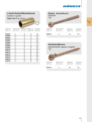 47
0350001S 1/2 10 77 110
0350002S 1/2 12 77 135
0350003S 1/2 13 77 105
0350004S 1/2 14 77 110
0350005S 1/2 15 77 120
0350006S 1/2 16 77 125
0350007S 1/2 17 77 140
0350008S 1/2 18 82 145
0350009S 1/2 19 82 180
0350010S 1/2 21 82 205
0350011S 1/2 22 82 210
0350012S 1/2 24 82 250
0350013S 1/2 27 82 285
0350014S 1/2 30 82 345
0350015S 1/2 32 82 375
0350016S 1/2 34 82 415
0350025S 1/2 36 82 425
6-Kant-Steckschlüsseleinsatz
Socket 6-point
lange Form/long pattern
0360012C 1/2 250 590
Knarre (Umschaltknarre)
Ratchet
1/2“
0360121C 1/2 250 430
Durchsteckknarre
Ratchetwith square coupler
1/2“
1/2"
Artikel-Nr. Größe mm Länge mm Gewicht gAntrieb Inch/“
Artikel-Nr. Länge mm Gewicht gAntrieb Inch/“
Artikel-Nr. Länge mm Gewicht gAntrieb Inch/“
 
