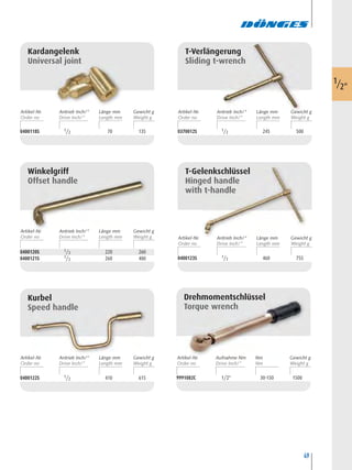 49
Kardangelenk
Universal joint
0400118S 1/2 70 135
Winkelgriff
Offset handle
0400120S 1/2 220 260
0400121S 1/2 260 400
Kurbel
Speed handle
0400122S 1/2 410 615
T-Verlängerung
Sliding t-wrench
0370012S 1/2 245 500
T-Gelenkschlüssel
Hinged handle
with t-handle
0400123S 1/2 460 755
9991082C 1/2" 30-150 1500
Drehmomentschlüssel
Torque wrench
1/2"
Artikel-Nr. Länge mm Gewicht gAntrieb Inch/“ Artikel-Nr. Länge mm Gewicht gAntrieb Inch/“
Artikel-Nr. Länge mm Gewicht gAntrieb Inch/“
Artikel-Nr. Länge mm Gewicht gAntrieb Inch/“ Artikel-Nr. Nm Gewicht gAufnahme Nm
Artikel-Nr. Länge mm Gewicht gAntrieb Inch/“
 