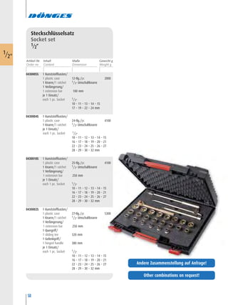50
Steckschlüsselsatz
Socket set
1/2“
0430005S 1 Kunststoffkasten/
1 plastic case 12-tlg./pc 2000
1 Knarre/1 ratchet 1/2" Umschaltknarre
1 Verlängerung/
1 extension bar 100 mm
je 1 Einsatz/
each 1 pc. Socket 1/2"
10 – 11 – 13 – 14 – 15
17 – 19 – 22 – 24 mm
0430004S 1 Kunststoffkasten/
1 plastic case 24-tlg./pc 4100
1 Knarre/1 ratchet 1/2" Umschaltknarre
je 1 Einsatz/
each 1 pc. Socket 1/2"
10 – 11 – 12 – 13 – 14 – 15
16 – 17 – 18 – 19 – 20 – 21
22 – 23 – 24 – 25 – 26 – 27
28 – 29 – 30 – 32 mm
0430010S 1 Kunststoffkasten/
1 plastic case 25-tlg./pc 4100
1 Knarre/1 ratchet 1/2" Umschaltknarre
1 Verlängerung/
1 extension bar 250 mm
je 1 Einsatz/
each 1 pc. Socket 1/2"
10 – 11 – 12 – 13 – 14 – 15
16 – 17 – 18 – 19 – 20 – 21
22 – 23 – 24 – 25 – 26 – 27
28 – 29 – 30 – 32 mm
0430002S 1 Kunststoffkasten/
1 plastic case 27-tlg./pc 5300
1 Knarre/1 ratchet 1/2" Umschaltknarre
1 Verlängerung/
1 extension bar 250 mm
1 Quergriff/
1 sliding tee 320 mm
1 Gelenkgriff/
1 hinged handle 380 mm
je 1 Einsatz/
each 1 pc. Socket 1/2"
10 – 11 – 12 – 13 – 14 – 15
16 – 17 – 18 – 19 – 20 – 21
22 – 23 – 24 – 25 – 26 – 27
28 – 29 – 30 – 32 mm
1/2"
Artikel-Nr. Maße Gewicht gInhalt
Other combinations on request!
Andere Zusammenstellung auf Anfrage!
 