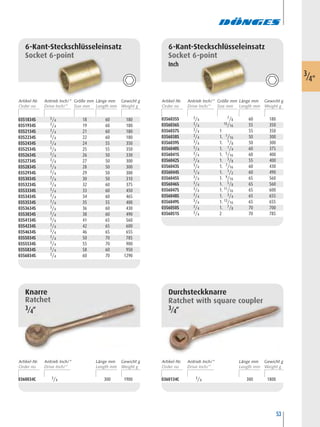 53
0351834S 3/4 18 60 180
0351934S 3/4 19 60 180
0352134S 3/4 21 60 180
0352234S 3/4 22 60 180
0352434S 3/4 24 55 350
0352534S 3/4 25 55 350
0352634S 3/4 26 50 330
0352734S 3/4 27 50 300
0352834S 3/4 28 50 300
0352934S 3/4 29 50 300
0353034S 3/4 30 50 310
0353234S 3/4 32 60 375
0353334S 3/4 33 60 450
0353434S 3/4 34 60 465
0353534S 3/4 35 55 400
0353634S 3/4 36 60 430
0353834S 3/4 38 60 490
0354134S 3/4 41 65 560
0354234S 3/4 42 65 600
0354634S 3/4 46 65 655
0355034S 3/4 50 70 785
0355534S 3/4 55 70 900
0355834S 3/4 58 60 950
0356034S 3/4 60 70 1290
6-Kant-Steckschlüsseleinsatz
Socket 6-point
0356035S 3/4
7/8 60 180
0356036S 3/4
15/16 55 350
0356037S 3/4 1 55 350
0356038S 3/4 1. 1/16 50 300
0356039S 3/4 1. 1/8 50 300
0356040S 3/4 1. 1/4 60 375
0356041S 3/4 1. 5/16 60 400
0356042S 3/4 1. 3/8 55 400
0356043S 3/4 1. 7/16 60 430
0356044S 3/4 1. 1/2 60 490
0356045S 3/4 1. 9/16 65 560
0356046S 3/4 1. 5/8 65 560
0356047S 3/4 1. 11/16 65 600
0356048S 3/4 1. 3/4 65 655
0356049S 3/4 1. 13/16 65 655
0356050S 3/4 1. 7/8 70 700
0356051S 3/4 2 70 785
6-Kant-Steckschlüsseleinsatz
Socket 6-point
Inch
0360034C 3/4 300 1900
Knarre
Ratchet
3/4“
0360134C 3/4 300 1800
Durchsteckknarre
Ratchet with square coupler
3/4“
3/4"
Artikel-Nr. Größe mm Länge mm Gewicht gAntrieb Inch/“
Artikel-Nr. Länge mm Gewicht gAntrieb Inch/“ Artikel-Nr. Länge mm Gewicht gAntrieb Inch/“
Artikel-Nr. Größe mm Länge mm Gewicht gAntrieb Inch/“
 