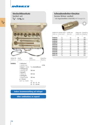 56
Steckschlüsselsatz
Socket set
3/4“ • 12-tlg./pc
0430003S 1 Holzkasten/
1 wooden case 12700
1 Knarre/1 ratchet 3/4" Umschaltknarre
1 Verlängerung/
1 extension bar 380 mm
1 Quergriff/
1 sliding tee 500 mm
1 Gelenkgriff/
1 hinged handle 380 mm
je 1 Einsatz/
each 1 pc. Socket 3/4"
36 – 38 – 41 – 46
50 – 55 – 60 mm
0440043S 3/4 14 80 350
0440045S 3/4 17 80 390
0440046S 3/4 19 80 435
0440047S 3/4 22 80 480
0440104S 3/4 24 80 520
0440105S 3/4 27 80 550
0440107S 3/4 30 80 570
0440108S 3/4 32 80 590
0440109S 3/4 36 80 620
0440110S 3/4 41 90 720
0440111S 3/4 46 90 820
Schraubendreher-Einsätze
Screw Driver socket
– mit eingeschweißtem 6-Kant-Stift/with hexagon bit –
3/4"
Artikel-Nr. Größe mm Länge mm Gewicht gAntrieb Inch/“
Other combinations on request!
Andere Zusammenstellung auf Anfrage!
Artikel-Nr. Maße Gewicht gInhalt
 