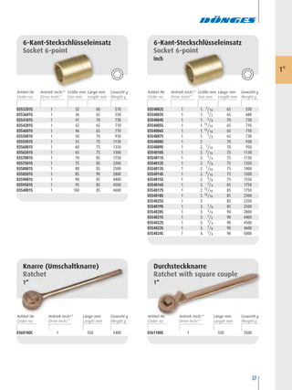 57
0353201S 1 32 60 510
0353601S 1 36 65 550
0354101S 1 41 70 730
0354201S 1 42 65 710
0354601S 1 46 65 710
0355001S 1 50 70 930
0355501S 1 55 75 1130
0356001S 1 60 75 1350
0356501S 1 65 75 1500
0357001S 1 70 85 1750
0357501S 1 75 85 2300
0358001S 1 80 85 2500
0358501S 1 85 90 2800
0359001S 1 90 85 4400
0359501S 1 95 85 4500
0354001S 1 100 85 4600
6-Kant-Steckschlüsseleinsatz
Socket 6-point
0354002S 1 1. 7/16 65 550
0354003S 1 1. 1/2 65 680
0354004S 1 1. 5/8 70 730
0354005S 1 1. 11/16 65 710
0354006S 1 1. 13/16 65 710
0354007S 1 1. 7/8 65 730
0354008S 1 2 70 930
0354009S 1 2. 1/16 70 950
0354010S 1 2. 3/16 75 1130
0354011S 1 2. 1/4 75 1130
0354012S 1 2. 3/8 75 1350
0354013S 1 2. 7/16 75 1400
0354014S 1 2. 9/16 75 1500
0354015S 1 2. 5/8 75 1550
0354016S 1 2. 3/4 85 1750
0354017S 1 2. 13/16 85 1750
0354018S 1 2. 15/16 85 2300
0354025S 1 3 85 2350
0354019S 1 3. 1/8 85 2500
0354020S 1 3. 3/8 90 2800
0354021S 1 3. 1/2 90 4400
0354022S 1 3. 3/4 90 4500
0354023S 1 3. 7/8 90 4600
0354024S 1 4. 1/4 90 5000
6-Kant-Steckschlüsseleinsatz
Socket 6-point
Inch
0360100C 1 550 3400
Knarre (Umschaltknarre)
Ratchet
1“
0361100C 1 550 3500
Durchsteckknarre
Ratchet with square couple
1“
1"
Artikel-Nr. Länge mm Gewicht gAntrieb Inch/“ Artikel-Nr. Länge mm Gewicht gAntrieb Inch/“
Artikel-Nr. Größe mm Länge mm Gewicht gAntrieb Inch/“ Artikel-Nr. Größe mm Länge mm Gewicht gAntrieb Inch/“
 