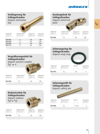 63
Reduzierstück für
Schlagschrauber
Impact reducer
3/4“ 1/2“
0351105S 3/4 65 355
Kardangelenk für
Schlagschrauber
Impact universal
joint
0351106S 3/4 110 620
Sicherungsring für
Schlagschrauber
Impact snap ring
0351107S 3/4 36 5
Sicherungsstift für
Schlagschrauber
Impact safety pin
0351108S 3/4 4 x 35 5
Verlängerung für
Schlagschrauber
Impact extension
bar
Vergrößerungsstück für
Schlagschrauber
Impact convert coupler
3/4“ 1"
0351104S 3/4 65 455
0351101S 3/4 100 400
0351102S 3/4 250 1300
0351103S 3/4 380 1500
0351111S 3/4 430 2100
3/4"
Artikel-Nr. Länge mm Gewicht gAntrieb Inch/“
Artikel-Nr. Länge mm Gewicht gAntrieb Inch/“
Artikel-Nr. Länge mm Gewicht gAntrieb Inch/“
Artikel-Nr. Länge mm Gewicht gAntrieb Inch/“
Artikel-Nr. Ø mm Gewicht gAntrieb Inch/“
Artikel-Nr. Ø mm Gewicht gAntrieb Inch/“
 