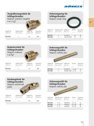65
Vergrößerungsstück für
Schlagschrauber
Impact convert coupler
1 1.1/2“
0351154S 1 115 1105
Kardangelenk für
Schlagschrauber
Impact universal
joint
0351156S 1 141 1430
Reduzierstück für
Schlagschrauber
Impact reducer
1 3/4“
0351155S 1 75 660
0351157S 1 bis SW 70 45 10
0351158S 1 für SW 75+80 75 25
Sicherungsring für
Schlagschrauber
Impact snap ring
0351159S 1 bis SW 70 5 x 45 5
0351160S 1 für SW 75+80 6 x 75 15
Sicherungsstift für
Schlagschrauber
Impact safety pin
0351181S 1. 1/2 bis SW 90 6 x 75 15
0351182S 1. 1/2 ab SW 95 8 x 110 40
0351195S 2. 1/2 ab SW 95 8 x 110 40
Sicherungsstift für
Schlagschrauber
Impact safety pin
1"
Artikel-Nr. Länge mm Gewicht gAntrieb Inch/“
Artikel-Nr. Länge mm Gewicht gAntrieb Inch/“
Artikel-Nr. Länge mm Gewicht gAntrieb Inch/“
Artikel-Nr. Größe mm Ø mm Gewicht gAntrieb Inch/“
Artikel-Nr. Größe mm Ø mm Gewicht gAntrieb Inch/“
Artikel-Nr. Größe mm Ø mm Gewicht gAntrieb Inch/“
 