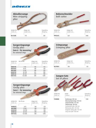 80
0690825C 8-25 140 120
0691960C 19-60 180 220
0694010C 40-100 225 300
0698516C 85-165 290 700
0691253C 125-300 500 1200
Seegerringzange
Circlip plier
Form C • für Innennring/
for internal rings
0680310C 3-10 140 110
0681025C 10-25 140 120
0681960C 19-60 180 220
0684010C 40-100 225 300
0688516C 85-165 310 700
0681253C 125-300 500 1200
Seegerringzange
Circlip plier
Form A • für Aussenring/
for external rings
Abisolierzange
Wire stripping
plier
0611550C 170 260 9991031C 620 3400
Bolzenschneider
Bolt cutter
0621001C 200 120
Crimpzange
Crimping plier
7250008C Kombizange 200 mm 1500
Wasserpumpenzange 250 mm
Seitenschneider 165 mm
Telefonzange 180 mm
Combination plier 200 mm
Waterpump plier 250 mm
Diagonal cutting plier 165 mm
Long nose plier 180 mm
Zangen-Satz
Set of pliers
Artikel-Nr. Länge mm Gewicht g Artikel-Nr. Länge mm Gewicht g
Artikel-Nr. Länge mm Gewicht g
Artikel-Nr. Inhalt Gewicht g
Artikel-Nr. Länge mm Gewicht gfür Ø mm
Artikel-Nr. Länge mm Gewicht gfür Ø mm
 