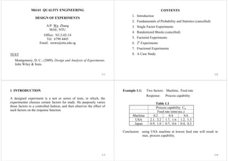 M6141 QUALITY ENGINEERING                                                             CONTENTS
                                                                               1. Introduction
                  DESIGN OF EXPERIMENTS
                                                                               2. Fundamentals of Probability and Statistics (cancelled)
                          A/P Wu Zhang                                         3. Single Factor Experiments
                            MAE, NTU
                                                                               4. Randomized Blocks (cancelled)
                       Office: N3.2-02-14
                         Tel: 6790 4445                                        5. Factorial Experiments
                     Email: mzwu@ntu.edu.sg                                    6. 2k Experiments
                                                                               7. Fractional Experiments
TEXT                                                                           8. A Case Study
   Montgomery, D. C., (2009), Design and Analysis of Experiments,
   John Wiley & Sons.

                                                                   1-1                                                                     1-2




1 INTRODUCTION                                                           Example 1.1:    Two factors: Machine, Feed rate
                                                                                         Response:     Process capability
A designed experiment is a test or series of tests, in which, the
experimenter chooses certain factors for study. He purposely varies                              Table 1.1
those factors in a controlled fashion, and then observes the effect of                           Process capability Cp
such factors on the response function.                                                            Feed rate (mm/sec.)
                                                                               Machine         0.2        0.4        0.6
                                                                                USA         2.1, 2.2 1.7, 1.6 1.2, 1.3
                                                                                Japan       0.9, 1.0 0.7, 0.6 0.4, 0.3

                                                                         Conclusion: using USA machine at lowest feed rate will result in
                                                                                     max. process capability.




                                                                   1-3                                                                     1-4
 