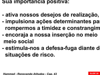 Sua importância positiva:
- ativa nossos desejos de realização,
- impulsiona ações determinantes par
rompermos a timidez e constrangim
- encoraja a nossa inserção no meio
meio social
- estimula-nos a defesa-fuga diante de
situações de risco.
Hammed - Renovando Atitudes - Cap. 43 SLIDE 20
 