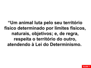 “Um animal luta pelo seu território
físico determinado por limites físicos,
naturais, objetivos; e, de regra,
respeita o território do outro,
atendendo à Lei do Determinismo.
SLIDE 7
 