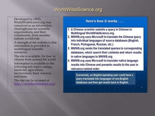 WorldWideScience.org
•   Developed by OSTI,
    WorldWideScience.org was
    conceived as an information
    clearinghouse for scientific
    organizations, and their
    constituents, from member
    nations worldwide.
•   A strength of the website is that
    information is provided in
    multilingual scientific
    resources.
•   The site is available, for free, to
    citizens from around the world.
•   Information is available in the
    following sub-topics: energy,
    medicine, agriculture,
    environment, basic sciences,
    and more.
•   The site can be accessed at
    http://worldwidescience.org/.
 