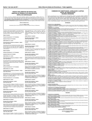 Recife, 7 de maio de 2011                                                                                           Diário Oficial do Estado de Pernambuco – Poder Legislativo                                                                                                     3


                                                                                                                                                           COMISSÃO DE CONSTITUIÇÃO, LEGISLAÇÃO E JUSTIÇA
                            FRENTE PARLAMENTAR EM DEFESA DOS
                                                                                                                                                                       EDITAL DE CONVOCAÇÃO
                           DIREITOS DA CRIANÇA E DO ADOLESCENTE                                                                                                          REUNIÃO ORDINÁRIA
                                   EDITAL DE CONVOCAÇÃO
                                                                                                                                               Convoco, nos termos do art. 118, I, do Regimento Interno desta Assembleia Legislativa, os Deputados: ÂNGELO FERREIRA
   Convoco, nos termos do Regimento Interno desta Assembleia Legislativa, o(a)s Deputado(a)s: TERESA LEITÃO (PT) –                             (PSB), ANTÔNIO MORAES (PSDB), DANIEL COELHO (PV), RICARDO COSTA (PTC), SEBASTIÃO OLIVEIRA JÚNIOR (PR),
   Coordenadora Geral, Betinho Gomes (PSDB), Mary Gouveia (PHS), Adauto Santos (PSB), Júlio Cavalcanti (PTB), Ricardo Costa                    SILVIO COSTA FILHO (PTB), TERESA LEITÃO (PT) e WALDEMAR BORGES (PSB) membros titulares, e, na ausência destes,
   (PTC), Diogo Moraes (PSB), Clodoaldo Magalhães (PTB) e Daniel Coelho (PV) para comparecerem à reunião de instalação da                      os suplentes ALUISIO LESSA (PSB), BETINHO GOMES (PSDB), DIOGO MORAES (PSB), ERIBERTO MEDEIROS (PTC),
                                                                                                                                               LEONARDO DIAS (PSB), SÉRGIO LEITE (PT), TONY GEL (DEM) e VINÍCIUS LABANCA (PSB) para se fazerem presentes à
   Frente Parlamentar em Defesa dos Direitos da Criança e do Adolescente a ser realizada às 09 horas, do dia 09 (nove) de
                                                                                                                                               reunião a ser realizada às 9 (nove) horas, do dia 10 (dez) de maio de 2011 (terça-feira), no Auditório, localizado no sexto andar
   Maio de 2011, no Plenarinho III, localizado no segundo andar do Anexo I desta Casa Legislativa– Edifício Senador Nilo Coelho                do Anexo I desta Assembléia Legislativa – Edifício Senador Nilo Coelho, onde estarão em pauta as seguintes matérias:

                                                       Recife, 05 de Maio de 2011.                                                                                                                     DISTRIBUIÇÃO:

                                                 DEPUTADA TERESA LEITÃO                                                                        I) PROJETO DE LEI COMPLEMENTAR:
                   Coordenadora Geral da Frente Parlamentar em Defesa dos Direitos da Criança e do Adolescente                                 1) Projeto de Lei Complementar nº 228/2011, de autoria da Mesa Diretora (Ementa: Dispõe sobre a elaboração, a alteração e a
                                                                                                                                               consolidação das leis estaduais, conforme determina o inciso XII do parágrafo único do art. 18 da Constituição do Estado de
                                                                                                                                               Pernambuco)
                                                                                                                                               II) PROJETOS DE LEI ORDINÁRIA:
                                                                                                                                               1) Projeto de Lei Ordinária nº 213/2011, de autoria do Deputado Silvio Costa Filho (Ementa: Institui o nome da Quadra da Escola
                                                                                                                                               Estadual Professora Rosete Bezerra de Souza de Vereador João Liberal de Siqueira)
                                                                                                                                               2) Projeto de Lei Ordinária nº 214/2011, de autoria Deputado Silvio Costa Filho (Ementa: Denomina a quadra da Escola Joaquim
Inclui Ação no Plano Plurianual 2008/2011, abre crédito especial ao    Patrulha Mecanizada com o intuito de promover a melhoria da
                                                                                                                                               Alves de Freitas de 14 de Agosto)
Orçamento Fiscal do Estado, relativo ao exercício de 2011, no valor    trafegabilidade de diversas ruas nos bairros Dom Avelar, São
                                                                                                                                               3) Projeto de Lei Ordinária nº 215/2011, de autoria do Deputado Sebastião Oliveira Júnior (Ementa: Inclui no Calendário Oficial
de cento e quarenta e nove mil e quarenta reais, em favor da           Joaquim, Mandacaru e Vale do Grande Rio, bem como a                     de Eventos de Pernambuco, a “Pega de Boi no Mato Vaqueiro Antônio Muritiba” no Município de Granito)
Secretaria de Ciência e Tecnologia e dá outras providências.           recuperação de estradas vicinais no interior do Município de            4) Projeto de Lei Ordinária nº 216/2011, de autoria do ex- Deputado Oscar Paes Barreto (Ementa: Institui o Registro do
                                                                       Petrolina.                                                              Patrimônio Imaterial do Estado de Pernambuco (RPI-PE), e dá outras providências)
Regime de Urgência                                                                                                                             5) Projeto de Lei Ordinária nº 219/2011, de autoria do Deputado Raimundo Pimentel (Ementa:Institui no calendário oficial de
                                                                       DIÁRIO OFICIAL DE - 05/05/2011                                          eventos do Estado de Pernambuco, a Expogesso, feira do gesso do Município de Trindade)
Pareceres Favoráveis das 1ª, 2ª e 3ª Comissões.                                                                                                6) Projeto de Lei Ordinária nº 220/2011, de autoria da Deputada Teresa Leitão (Ementa: Institui a “Semana Estadual da Adoção”
                                                                       Discussão Única da Indicação n° 920/2011                                e dá outras providências)
Depende de Parecer da 10ª Comissão.                                    Autora: Dep. Isabel Cristina                                            7) Projeto de Lei Ordinária nº 221/2011, de autoria do ex-Deputado Oscar Paes Barreto (Ementa: Define as atividades turísticas
                                                                                                                                               que especifica, como atividades de “Turismo Rural na Agricultura Familiar)
DIÁRIO OFICIAL DE - 21/4/2011                                          Apelo ao Governador do Estado e ao Secretário de Saúde no sentido       8) Projeto de Lei Ordinária nº 222/2011, de autoria do Deputado Ricardo Costa (Ementa: Assegura aos estudantes das escolas
                                                                       de viabilizar a construção do Hospital do Servidor do médio São         públicas o ingresso em, pelo menos, 30% (trinta por cento) das vagas de estagiários nos três poderes do estado de Pernambuco).
                                                                                                                                               9) Projeto de Lei Ordinária nº 223/2011, de autoria do ex-Deputado Oscar Paes Barreto (Ementa: Dispõe sobre o
Primeira Discussão do Projeto de Lei Ordinária n° 186/2011             Francisco.
                                                                                                                                               reconhecimento da atividade de capoeira no âmbito do estado de Pernambuco e dá outras providências)
Autor: Poder Executivo
                                                                                                                                               10) Projeto de Lei Ordinária nº 224/2011, de autoria do ex-Deputado Oscar Paes Barreto (Ementa: Altera Lei Estadual
                                                                       DIÁRIO OFICIAL DE - 05/05/2011                                          12.789/2005, e dá outras providências)
Abre crédito suplementar ao Orçamento Fiscal do Estado, relativo ao                                                                            11) Projeto de Lei Ordinária nº 225/2011, de autoria do ex-Deputado Oscar Paes Barreto (Ementa: Institui o dia 06 de Fevereiro
exercício de 2011, no valor de três milhões, duzentos e sessenta e     Discussão Única da Indicação n° 921/2011                                dia da Juventude negra em Pernambuco e dá outras providências)
oito mil, seiscentos e oito reais, em favor da Agência de              Autora: Dep. Isabel Cristina                                            12) Projeto de Lei Ordinária nº 226/2011, de autoria do ex-Deputado Oscar Paes Barreto (Ementa: Dispõe sobre a garantia de
Desenvolvimento Econômico de Pernambuco S.A - AD-DIPER e dá                                                                                    apresentações de artistas e grupos que executam a expressão cultural pernambucana no estado de Pernambuco)
outras providências.                                                   Apelo ao Governador do Estado e ao Secretário de Saúde no sentido       13) Projeto de Lei Ordinária nº 229/2011, de autoria do Deputado Diogo Moraes (Ementa: Dispõe sobre a proibição do uso de
                                                                       de viabilizar a reforma e readequação das instalações do                aparelhos e equipamentos eletrônicos portáteis dotados com câmaras fotográficas, filmadoras e similares nos ambientes
Regime de Urgência                                                     Hemocentro Regional Petrolina.                                          destinados aos caixas de atendimento e aos caixas eletrônicos das agências e postos bancários do Estado de Pernambuco)
                                                                                                                                               14) Projeto de Lei Ordinária nº 230/2011, de autoria do Deputado Edson Vieira (Ementa: Denomina “RODOVIA JOSÉ
Pareceres Favoráveis das 1ª, 2ª e 3ª Comissões.                        DIÁRIO OFICIAL DE - 05/05/2011                                          MENDONÇA BEZERRA” a PE-160, no trecho que liga o Distrito Pão de Açúcar a Santa Cruz do Capibaribe)
                                                                                                                                               15) Projeto de Lei Ordinária nº 231/2011, de autoria do Deputado Aluísio Lessa (Ementa: Declara o município de Goiana como
Depende de Parecer da 12ª Comissão.                                    Discussão Única da Indicação n° 922/2011                                a “Capital do Caboclinho” no âmbito do Estado de Pernambuco)
                                                                                                                                               16) Projeto de Lei Ordinária nº 232/2011, de autoria do Deputado Aluísio Lessa (Ementa: Denomina a Escola Técnica Estadual
                                                                       Autor: Dep. Pastor Cleiton Collins
                                                                                                                                               Maria José Vasconcelos (Zezinha) a futura instalação da Escola Técnica Estadual do município de Bezerros.)
DIÁRIO OFICIAL DE - 21/4/2011
                                                                                                                                               17) Projeto de Lei Ordinária nº 233/2011, de autoria do Deputado Betinho Gomes (Ementa: Institui no âmbito do Calendário
                                                                       Apelo ao Governador do Estado e ao Secretário de Defesa Social no       Cultural das instituições de ensino público e privado do Estado de Pernambuco, a “Semana da Reciclagem e Defesa ao Meio
Primeira Discussão do Projeto de Lei Ordinária n° 187/2011             sentido de solicitar reforço do 12º BPM nos bairros de Torrões, Sitio   Ambiente” e dá outras providências)
Autor: Poder Executivo                                                 das Palmeiras, na Avenida do Forte e em Iputinga, localizados nesta     18) Projeto de Lei Ordinária nº 234/2011, de autoria do Deputado Betinho Gomes (Ementa: Dispõe sobre as garantias aos
                                                                       Capital.                                                                consumidores de sistemas eletrônicos e de telecomunicações, quanto ao uso indevido de suas informações por terceiros, no
Abre crédito suplementar ao Orçamento Fiscal do Estado, relativo ao                                                                            âmbito do Estado de Pernambuco)
exercício de 2011, no valor de doze milhões e quinhentos mil reais,    DIÁRIO OFICIAL DE - 05/05/2011                                          19) Projeto de Lei Ordinária nº 235/2011, de autoria do Deputado Betinho Gomes (Ementa: Dispõe sobre a proibição de
em favor do Fundo Estadual de Recursos Hídricos - FEHIDRO e dá                                                                                 descontos nos salários do empregado, no âmbito do Estado de Pernambuco)
outras providências.                                                   Discussão Única da Indicação n° 923/2011                                20) Projeto de Lei Ordinária nº 236/2011, de autoria do Deputado Daniel Coelho (Ementa: Inclui o dia da luta contra a homofobia
                                                                       Autor: Dep. Pastor Cleiton Collins                                      no estado de Pernambuco, e dá outras providências)
Regime de Urgência                                                                                                                             21) Projeto de Lei Ordinária nº 238/2011, de autoria do Poder Executivo (Ementa: Modifica o Anexo Único da Lei nº 14.261, de
                                                                       Apelo ao Governador do Estado e ao Secretário de Educação no            29 de dezembro de 2010, e dá outras providências)
                                                                                                                                               Regime de urgência
Pareceres Favoráveis das 1ª, 2ª e 3ª Comissões.                        sentido de incluir no Plano Operativo da Atividade: Aquisição e
                                                                                                                                               22) Projeto de Lei Ordinária nº 239/2011, de autoria do Poder Executivo (Ementa: Altera a Lei nº 12.942, de 16 de dezembro de
                                                                       Distribuição de Livro Didático, ainda para o 1º Semestre de
                                                                                                                                               2005, que dispõe sobre a redução da base de cálculo do ICMS nas saídas internas de borracha sintética para fabricação de
DIÁRIO OFICIAL DE - 21/4/2011                                          2011, o município de Jaboatão dos Guararapes.                           sandália termoplástica, e dá outras providências)
                                                                                                                                               Regime de urgência
Segunda Discussão do Projeto de Lei Ordinária n° 178/2011              DIÁRIO OFICIAL DE - 05/05/2011                                          23) Projeto de Lei Ordinária nº 240/2011, de autoria do Poder Executivo (Ementa: Autoriza o Estado de Pernambuco a ceder o
Autor: Poder Executivo                                                                                                                         direito de uso do imóvel que indica, e dá outras providências)
                                                                       Discussão Única da Indicação n° 924/2011                                24) Projeto de Lei Ordinária nº 241/2011, de autoria do Poder Executivo (Ementa: Autoriza o Poder Executivo a contratar
Altera dispositivo da Lei nº 11.304, de 28 de dezembro de 1995, e      Autor: Dep. Pastor Cleiton Collins                                      operação de crédito junto à Caixa Econômica Federal – CAIXA, com garantia da União, oferecendo contragarantia do Governo do
alterações, que institui o Distrito Estadual de Fernando de Noronha,                                                                           Estado)
aprova a sua Lei Orgânica, dispõe sobre medidas de natureza            Apelo ao Governador do Estado e ao Secretário de Educação no            Regime de urgência
administrativa, e dá outras providências.                              sentido de incluir no Plano Operativo da Atividade: Aquisição e         25) Projeto de Lei Ordinária nº 242/2011, de autoria do Ministério Público de Pernambuco (Ementa: Reajusta a remuneração
                                                                       Distribuição de Livro Didático, ainda para o 1º Semestre de 2011,       dos Cargos Efetivos e das Funções Gratificadas integrantes da Estrutura dos Órgãos de Apoio Técnico e Administrativo do
Pareceres Favoráveis das 1ª, 2ª e 3ª Comissões.                        o município de Cabo de Santo Agostinho.                                 Ministério Público do Estado de Pernambuco, constante dos Anexos da Lei Estadual nº 12.956/2005 e dá outras providências)
                                                                                                                                               26) Projeto de Lei Ordinária nº 243/2011, de autoria do Deputado Ângelo Ferreira (Ementa: Obriga as empresas projetistas e de
                                                                                                                                               construção civil a prover os empreendimentos que especifica de dispositivos para dispensa dos óleos vegetal ou animal e gorduras
DIÁRIO OFICIAL DE - 19/4/2011                                          DIÁRIO OFICIAL DE - 05/05/2011
                                                                                                                                               de uso culinário, e dá outras providências)
                                                                                                                                               27) Projeto de Lei Ordinária nº 244/2011, de autoria do Poder Executivo (Ementa: Autoriza supressão de vegetação de
Discussão Única da Indicação n° 916/2011                               Discussão Única da Indicação n° 925/2011                                preservação permanente na área que especifica, e dá outras providências)
Autor: Dep. Edson Vieira                                               Autor: Dep. Pastor Cleiton Collins                                      Regime de urgência

Apelo ao Governador do Estado, ao Secretário de Transportes            Apelo ao Governador do Estado e ao Secretário de Educação no            II) PROJETO DE RESOLUÇÃO:
e à Diretora Presidente do DER/PE no sentido de viabilizarem a         sentido de incluir no Plano Operativo da Atividade: Aquisição e         1) Projeto de Resolução nº 237/2011, de autoria do Deputado Sebastião Oliveira Júnior (Ementa: Concede o Título Honorífico
pavimentação asfáltica da Av. Balbino Pereira, situada no              Distribuição de Livro Didático, ainda para o 1º Semestre de 2011,       de Cidadão Pernambucano ao Dr. Ezequiel Braz Macêdo)
Distrito de Pão de Açúcar, na cidade de Taquaritinga do Norte,         o município de Ipojuca.
neste Estado.                                                                                                                                  III) PROJETOS DE LEI ORDINÁRIA DESARQUIVADOS
                                                                       DIÁRIO OFICIAL DE - 05/05/2011                                          1) Projeto de Lei Ordinária Desarquivado nº 05/2007, de autoria do Deputado Edson Vieira (Ementa: Cria o Município de São
DIÁRIO OFICIAL DE - 05/05/2011                                                                                                                 Domingos, desmebrando do Município de Brejo da Madre de Deus e dá outras providências).
                                                                       Discussão Única da Indicação n° 926/2011                                2) Projeto de Lei Ordinária Desarquivado nº 14/2007, de autoria do Deputado Edson Vieira (Ementa: Cria o Município de Pão
                                                                                                                                               de Açúcar, desmembrando do Município de Taquaritinga do Norte e dá outras providências)
Discussão Única da Indicação n° 917/2011                               Autor: Dep. Pastor Cleiton Collins
Autor: Dep. Edson Vieira
                                                                                                                                                                                                        DISCUSSÃO:
                                                                       Apelo ao Governador do Estado e ao Secretário de Educação no
Apelo ao Governador do Estado, ao Secretário de Recursos Hídricos      sentido de incluir no Plano Operativo da Atividade: Aquisição e         I) PROJETOS DE LEI ORDINÁRIA:
e Energéticos do Estado, ao Presidente da Compesa e ao Diretor de      Distribuição de Livro Didático, ainda para o 1º Semestre de 2011,       1) Projeto de Lei Ordinária nº 145/2011, de autoria da Deputada Isabel Cristina (Ementa: Estabelece regras para a interrupção
Serviços Operacionais da Compesa visando ampliar o                     o município de Olinda.                                                  de fornecimento de serviços prestados por concessionárias de serviços públicos, motivada por falta de pagamento)
abastecimento de água no bairro de Serrinha, localizado no Distrito                                                                            Relator: Deputado Waldemar Borges
de Pão de Açúcar na cidade de Taquaritinga do Norte, neste Estado.     DIÁRIO OFICIAL DE - 05/05/2011                                          2) Projeto de Lei Ordinária nº 171/2011, de autoria do Deputado Betinho Gomes (Ementa: Altera a redação da Lei Nº 13.995, de
                                                                                                                                               22 de dezembro de 2009)
DIÁRIO OFICIAL DE - 05/05/2011                                         Discussão Única da Indicação n° 927/2011                                Relator: Deputado Ângelo Ferreira
                                                                       Autor: Dep. Pastor Cleiton Collins                                      3) Projeto de Lei Ordinária nº 174/2011, de autoria do Deputado Maviael Cavalcanti (Ementa: Declara o Município de Nazaré da
Discussão Única da Indicação n° 918/2011                                                                                                       Mata “Capital do Maracatu” no Estado de Pernambuco)
Autor: Dep. Aglailson Júnior                                           Apelo ao Governador do Estado e ao Secretário de Educação no            Relator: Deputado Antônio Moraes
                                                                                                                                               4) Projeto de Lei Ordinária nº 180/2011, de autoria do Deputado Sebastião Oliveira Júnior (Ementa: Declara o Município de Serra
                                                                       sentido de incluir no Plano Operativo da Atividade: Aquisição e
                                                                                                                                               Talhada “Capital do Xaxado e da História do Canganço” no Estado de Pernambuco)
Apelo ao Ministro da Educação, ao Magnífico Reitor da Universidade     Distribuição de Livro Didático, ainda para o 1º Semestre de 2011,
                                                                                                                                               Relator: Deputado Antônio Moraes
Federal de Pernambuco no sentido de viabilizar a implantação do        o município de Camaragibe                                               5) Projeto de Lei Ordinária nº 181/2011, de autoria do Deputado Sebastião Oliveira Júnior (Ementa: Declara o Município de Santa
Curso de Medicina no Núcleo Acadêmico da Universidade Federal                                                                                  Cruz da Baixa Verde “Capital da Rapadura” no Estado de Pernambuco)
do Estado de Pernambuco, localizado em Vitória de Santo Antão.         DIÁRIO OFICIAL DE - 05/05/2011                                          Relator: Ex-Deputado Oscar Paes Barreto (redistribuir)

DIÁRIO OFICIAL DE - 05/05/2011                                         Discussão Única da Indicação n° 928/2011                                                                               Recife, 06 de maio de 2011.
                                                                       Autor: Dep. Pastor Cleiton Collins                                                                        Sala da Comissão de Constituição, Legislação e Justiça
Discussão Única da Indicação n° 919/2011
Autora: Dep. Isabel Cristina                                           Apelo ao Governador do Estado e ao Secretário de Educação no                                                         DEPUTADO RAIMUNDO PIMENTEL
                                                                       sentido de incluir no Plano Operativo da Atividade: Aquisição e                                                              PRESIDENTE
Apelo ao Governador do Estado, ao Secretário de Transportes e à        Distribuição de Livro Didático, ainda para o 1º Semestre de 2011,
Diretora Presidente do DER/PE no sentido de disponibilizar uma         o município de São Lourenço da Mata.
 