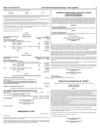 Recife, 7 de maio de 2011                                                                                          Diário Oficial do Estado de Pernambuco – Poder Legislativo                                                                                                        7
Finalidade: Melhorar a oferta do Sistema de Transporte Público de Passageiros, melhorando a mobilidade na Região Metropolitana do
Recife, atendendo a crescente demanda da população, por este tipo de serviço.

                Produto                                          Unidade                                           Meta
             Ação Realizada                                      Unidade                                            1
                                                                                                                                                            COMISSÃO DE CONSTITUIÇÃO, LEGISLAÇÃO E JUSTIÇA
                                                                                                                                                                        EDITAL DE CONVOCAÇÃO
Art. 2º Fica o Poder Executivo autorizado a abrir, ao Orçamento Fiscal do Estado, relativo ao presente exercício de 2011, em favor da
SECRETARIA DAS CIDADES, crédito especial no valor de R$ 386.191.758,67 (trezentos e oitenta e seis milhões, cento e noventa e um
                                                                                                                                                                       REUNIÃO EXTRAORDINÁRIA
mil, setecentos e cinquenta e oito reais e sessenta e sete centavos) especificado no Anexo I da presente Lei.
                                                                                                                                               Convoco, nos termos do art. 118, I, do Regimento Interno desta Assembleia Legislativa, os Deputados: ÂNGELO FERREIRA
Art. 3º Os recursos necessários à cobertura do crédito especial de que trata o art. 2º da presente Lei, serão os provenientes da anulação      (PSB), ANTÔNIO MORAES (PSDB), DANIEL COELHO (PV), RICARDO COSTA (PTC), SEBASTIÃO OLIVEIRA JÚNIOR (PR),
                                                                                                                                               SILVIO COSTA FILHO (PTB), TERESA LEITÃO (PT) e WALDEMAR BORGES (PSB) membros titulares, e, na ausência destes,
de dotações orçamentárias, constantes do Orçamento em vigor, discriminadas no Anexo II.
                                                                                                                                               os suplentes ALUÍSIO LESSA (PSB), BETINHO GOMES (PSDB), DIOGO MORAES (PSB), ERIBERTO MEDEIROS (PTC),
                                                                                                                                               LEONARDO DIAS (PSB), SÉRGIO LEITE (PT), TONY GEL (DEM) e VINÍCIUS LABANCA (PSB) para se fazerem presentes à
Art. 4º Fica ajustado o Orçamento de Investimento das Empresas, em consequência da redução de recursos, de que trata o art. 2º, às             reunião a ser realizada às 10 (dez) horas, do dia 9 (nove) de maio de 2011 (terça-feira), no Plenarinho II, localizado no quinto
Operações Especiais “Inversões em Participação Societária na CTM para Execução de Ações de Infraestrutura dos Corredores Urbanos               andar do Anexo I desta Assembleia Legislativa – Edifício Senador Nilo Coelho, onde estarão em pauta as seguintes matérias:
para Apoiar a Copa 2014” e “Inversões em Participação Societária no CTM”, conforme especificado no Anexo III da presente Lei.
                                                                                                                                                                                                         DISTRIBUIÇÃO:
Art. 5º O crédito especial de que trata o art. 2º da presente Lei e discriminado em seu Anexo I, será aberto, mediante Decreto, no valor
dos saldos existentes nas dotações que integram o Anexo II, na data daquela abertura.                                                          I) PROJETO DE LEI COMPLEMENTAR:
                                                                                                                                               1) Projeto de Lei Complementar nº 249/2011, de autoria do Poder Executivo (Ementa: Redefine a estrutura de remuneração
Art. 6º Esta Lei entra em vigor na data de sua publicação.                                                                                     dos Militares do Estado de Pernambuco, e dá outras providências.)

Art. 7º Revogam-se as disposições em contrário.                                                                                                                                                           DISCUSSÃO:

                                                                                                                                               II) PROJETO DE LEI COMPLEMENTAR:
                                                               ANEXO I
                                                                                                                                               2) Projeto de Lei Complementar nº 249/2011, de autoria do Poder Executivo (Ementa: Redefine a estrutura de remuneração
                                                                                                                                               dos Militares do Estado de Pernambuco, e dá outras providências.)
                                                        (CRÉDITO ESPECIAL)
                                                                                                                                                                                                   Recife, 6 de maio de 2011.
PROGRAMAÇÃO ANUAL DE TRABALHO                          ORÇAMENTO FISCAL 2011                                        EM R$ 1,00
ESPECIFICAÇÃO                                                                                    RECURSOS DE TODAS AS FONTES                                                      Sala da Comissão de Constituição, Legislação e Justiça
                                                                                                    FONTE              VALOR
38000 - SECRETARIA DAS CIDADES                                                                                                                                                                DEPUTADO RAIMUNDO PIMENTEL
00123 - Secretaria das Cidades - Administração Direta                                                                                                                                                 PRESIDENTE
Projeto:        15.451.0666.3818 - Melhoria da Circulação das Vias Urbanas                                                383.741.369,67
                        4.4.90.00 - Investimentos                                                       0101                  239.086,00
                        4.4.90.00 - Investimentos                                                       0103              316.002.283,67
                        4.4.90.00 - Investimentos                                                       0131               67.500.000,00
                                                                                                                                            Tal se constitui em um sonho acalentado por muitos anos pela família militar, que agora se concretiza, em razão do prestígio que o nosso
Projeto:         15.453.0666.3819 - Melhoria da Oferta do Sistema de Transporte Público de Passageiros                      2.450.389,00    Governo vem emprestando ao aparelho de segurança pública, como um dos pilares do Pacto pela Vida, política de Estado que vem
                         4.4.90.00 - Investimentos                                               0101                       1.150.389,00    exemplando o Brasil e que, nada obstante os desafios por serem vencidos no combate à violência de todos os matizes, vem
                         4.4.90.00 - Investimentos                                               0102                       1.300.000,00    apresentando reiterados indicadores que consagram o sucesso de Pernambuco em tema de tamanha relevância, como bem o
                                                                                                                                            reconheceu o Ministro de Estado da Justiça, José Eduardo Cardoso, em recente visita que fez ao nosso Estado.
                                       TOTAL                                                                              386.191.758,67
                                                                                                                                            Por outro lado, em face dos cenários econômicos deveras restritivos, no presente ano de 2011, só se poderia pensar a concessão de
                                                                                                                                            reajustes razoáveis, escalonados em quatro anos, a fim de perseguir uma remuneração justa e equilibrada para as corporações militares
                                                               ANEXO II                                                                     que sempre tiveram do nosso Governo o respeito e o reconhecimento, que se traduziram em inúmeras medidas, tanto no aspecto de
                                                                                                                                            estruturação e logística, bem assim no que tange ao ingresso de em torno de 10.000 militares, em quatro anos, e, principalmente, na
                                                     (ANULAÇÃO DE DOTAÇÃO)                                                                  prática de uma política funcional e salarial em sintonia com a visão do Governo sobre tais instituições.

PROGRAMAÇÃO ANUAL DE TRABALHO                                                               ORÇAMENTO FISCAL 2011 EM R$ 1,00                Assim, ao final do nosso segundo período de Governo haveremos de ter a Polícia Militar e o Corpo de Bombeiros Militar de Pernambuco
ESPECIFICAÇÃO                                                                                  RECURSOS DE TODAS AS FONTES                  com uma remuneração justa e digna, aspiração legítima de todas as instituições, a fim de que as mesmas continuem a servir a
                                                                                                  FONTE              VALOR                  Pernambuco, com o espírito público e dedicação que as fazem merecedoras da admiração e do reconhecimento de todos os
38000 - SECRETARIA DAS CIDADES                                                                                                              pernambucanos.
00123 - Secretaria das Cidades - Administração Direta
Projeto:        15.846.0736.3668 - Inversões em Participação Societária na CTM para Execução de                                             É merecimento devido que fazemos questão de transformar em reconhecimento efetivo, que decerto toca de modo particular ao legado
                                    Ações de Infraestrutura dos Corredores Urbanos para Apoiar a Copa 2014                383.741.369,67    de serviços prestados a Pernambuco e ao seu povo, pelas corporações militares.
                        4.5.90.00 - Inversões Financeiras                                        0101                         239.086,00
                        4.5.90.00 - Inversões Financeiras                                        0103                     316.002.283,67    Certo da compreensão dos membros que compõem essa Casa na apreciação da matéria que ora submeto à sua consideração, solicito a
                        4.5.90.00 - Inversões Financeiras                                        0131                      67.500.000,00    observância do regime de urgência de que trata o art. 21 da Constituição Estadual, na tramitação do anexo Projeto de Lei Complementar.

Projeto:         15.846.0168.3493 - Inversões em Participação Societária no CTM                                             2.450.389,00    Valho-me do ensejo para renovar a Vossa Excelência e aos seus dignos Pares protestos de elevado apreço e consideração.
                         4.5.90.00 - Inversões Financeiras                                              0101                1.150.389,00
                         4.5.90.00 - Inversões Financeiras                                              0102                1.300.000,00                                                   PALÁCIO DO CAMPO DAS PRINCESAS,
                                                                                                                                                                                                  em 6 de maio de 2011.
                                       TOTAL                                                                              386.191.758,67
                                                                                                                                                                                          EDUARDO HENRIQUE ACCIOLY CAMPOS
                                                               ANEXO III                                                                                                                         Governador do Estado

                          (COMPATIBILIZAÇÃO DO ORÇAMENTO DE INVESTIMENTO DAS EMPRESAS)                                                      Excelentíssimo Senhor
                                                                                                                                            Deputado GUILHERME UCHÔA
ORÇAMENTO DE INVESTIMENTOS DAS EMPRESAS 2011                                                                                 EM R$ 1,00     DD. Presidente da Assembleia Legislativa do Estado de Pernambuco
                                                                                                                                            NESTA
DEMONSTRATIVO DAS FONTES DE INVESTIMENTORECURSOS DE TODAS AS FONTES
ESPECIFICAÇÃOVALOR
00505 – CONSÓRCIO DE TRANSPORTES DA REGIÃO METROPOLITANA DO RECIFE - CTM                                                                                            Projeto de Lei Complementar N° 249/2011
00505 – CONSÓRCIO DE TRANSPORTES DA REGIÃO METROPOLITANA DO RECIFE - CTM
RECURSOS PARA AUMENTO DE CAPITAL                                                                                          386.191.758,67                Ementa: Redefine a estrutura de remuneração dos Militares do Estado de Pernambuco, e dá outras providências.

                                                                                                                                                                                                 ASSEMBLÉIA LEGISLATIVA
ORÇAMENTO DE INVESTIMENTOS DAS EMPRESAS 2011                                                                                 EM R$ 1,00                                                         DO ESTADO DE PERNAMBUCO

                     DETALHAMENTO DOS INVESTIMENTOS – ANULAÇÃO RECURSOS DE TODAS AS FONTES                                                                                                                  DECRETA:

00505 – CONSÓRCIO DE TRANSPORTES DA REGIÃO METROPOLITANA DO RECIFE - CTM                                                                    Art. 1º Ficam reajustados, para o quadriênio de 2011 a 2014, os valores do soldo dos Militares do Estado, bem como das gratificações
00505 – CONSÓRCIO DE TRANSPORTES DA REGIÃO METROPOLITANA DO RECIFE - CTM                                                                    instituídas pelos arts. 8º a 12 da Lei Complementar nº 59, de 5 de julho de 2004, e alterações, cujos efeitos se darão a partir de 1º de
ESPECIFICAÇÃO                                                                        TESOURO                   OUTRAS             TOTAL     julho de 2011, e de 1º de junho de cada ano subsequente, nos termos dos Anexos I a IV da presente Lei Complementar.
Projeto: 15.453.0736.3675 - Execução de Ações de Infraestrutura dos Corredores                                                              Art. 2º Fica extinta, a partir de 1º de julho de 2011, a Gratificação Adicional de Tempo de Serviço (GTS), instituída pela Lei nº 10.426, de
                            Urbanos para Apoiar a Copa de 2014                                                                              27 de abril de 1990, e alterações, por incorporação dos seus respectivos valores nominais ao soldo dos Militares do Estado.
Projeto: 15.453.0666.3519 - Modernização do SEI, com a Implantação de Transporte                                                            Art. 3º Das disposições constantes nos artigos anteriores não poderá resultar decesso remuneratório para o Militar do Estado, salvo em
                            Rápido por Ônibus – TRO nos Corredores do STPP/RMR   383.741.369,67           2.450.389,00    383.741.369,67    razão de erro de cálculo ou reforma de decisão anterior, cuja eventual diferença detectada deverá constituir parcela de irredutibilidade
                                                                                                                                            de vencimentos, expressa e fixada nominalmente.
TOTAL DAS APLICAÇÕES                                                                   386.191.758,67     2.450.389,00    386.191.758,67    §1º O valor da parcela de irredutibilidade de vencimentos de que trata o caput deste artigo será definido de forma a assegurar, aos
                                                                                                                                            Militares do Estado, um reajuste mínimo de 5% (cinco por cento) em relação à sua remuneração atual, e será concedida em caráter
                                               PALÁCIO DO CAMPO DAS PRINCESAS,                                                              precário, enquanto persistir a diferença que a originou, devendo ser suprimida, parcial ou integralmente, quando de posteriores
                                                      em 6 de maio de 2011.                                                                 majorações na remuneração desses servidores, a qualquer título.
                                                                                                                                            §2º Para efeito do disposto no parágrafo anterior, considerar-se-á vencimentos os valores definidos nos termos do art. 1º, §2º, alínea “b”,
                                             EDUARDO HENRIQUE ACCIOLY CAMPOS                                                                da Lei Complementar nº 13, de 30 de janeiro de 1995.
                                                    Governador do Estado                                                                    Art. 4º A Parcela de Complementação Compensatória de que trata o §1º do art. 21 da Lei Complementar nº 59, de 2004, e alterações,
                                                                                                                                            passa a corresponder ao valor da Gratificação de Risco de Policiamento Ostensivo estabelecido para o militar ocupante do último posto
Às 1ª , 2ª e 3ª Comissões.                                                                                                                  de hierarquia da respectiva Corporação, observados os respectivos períodos de vigência definidos no art. 1.º desta Lei Complementar.

                                                                                                                                            Art. 5º Aplica-se aos Militares do Estado as disposições do art. 19 da Lei Complementar nº 155, de 26 de março de 2010.

                                                                                                                                            Art. 6º As disposições contidas nesta Lei Complementar são extensivas, no que couber, às respectivas aposentadorias e pensões
                                                                                                                                            pertinentes, observada a legislação específica em vigor.
                                           MENSAGEM Nº 41/2011
                                                                                                                                            Art. 7º As despesas decorrentes da execução da presente Lei Complementar correrão por conta de dotações orçamentárias próprias.
                                                                                                               Recife, 6 de maio de 2011.
                                                                                                                                            Art. 8º Esta Lei Complementar entra em vigor na data de sua publicação.
Senhor Presidente,
                                                                                                                                            Art. 9º Revogam-se as disposições em contrário.
Tenho a honra de encaminhar, para apreciação dessa Augusta Casa, o anexo Projeto de Lei Complementar que reajusta o soldo dos
Militares do Estado de Pernambuco, e dá outras providências.                                                                                                                               PALÁCIO DO CAMPO DAS PRINCESAS,
                                                                                                                                                                                                  em 6 de maio de 2011.
O presente Projeto de Lei tem por escopo reestruturar a carreira policial militar e bombeiro militar e dar concreção a diversas medidas
de grande interesse das corporações militares, em especial uma que se constitui na mais destacada das aspirações daqueles servidores,                                                     EDUARDO HENRIQUE ACCIOLY CAMPOS
qual seja, a de estabelecer a paridade entre os proventos da atividade e da reserva remunerada.                                                                                                  Governador do Estado
 