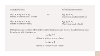 13
VS
Null Hypothesis:
𝐻01: 𝜇1 = 𝜇2 = ⋯ = 𝜇𝑘
(There is no treatment effect)
𝐻02: 𝜇1 = 𝜇2 = ⋯ = 𝜇ℎ
(There is no block effect)
Alternative Hypothesis:
𝐻11: 𝜇𝑖 ≠ 𝜇𝑗
(There is a treatment effect)
𝐻12: 𝜇𝑖 ≠ 𝜇𝑗
(There is a block effect)
If there is an interaction effect between the treatments and blocks, then there is another
hypothesis which is given as
H03 : 𝛾𝑖𝑗 = 0
(There is no interaction effect)
H13 : 𝛾𝑖𝑗 ≠ 0
(There is an interaction effect)
 