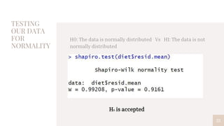TESTING
OUR DATA
FOR
NORMALITY
22
H0: The data is normally distributed Vs H1: The data is not
normally distributed
H0 is accepted
 