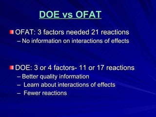 DOE vs OFAT OFAT: 3 factors needed 21 reactions No information on interactions of effects DOE: 3 or 4 factors- 11 or 17 reactions Better quality information Learn about interactions of effects Fewer reactions 