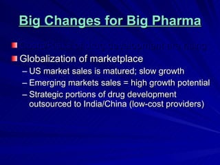 Big Changes for Big Pharma Costs/Risks of drug development are rising Globalization of marketplace US market sales is matured; slow growth Emerging markets sales = high growth potential Strategic portions of drug development outsourced to India/China (low-cost providers) 
