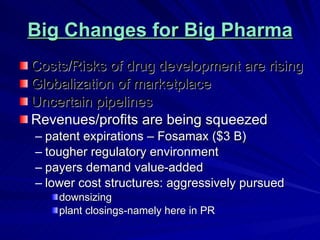 Big Changes for Big Pharma Costs/Risks of drug development are rising Globalization of marketplace Uncertain pipelines Revenues/profits are being squeezed patent expirations – Fosamax ($3 B) tougher regulatory environment payers demand value-added lower cost structures: aggressively pursued downsizing plant closings-namely here in PR 