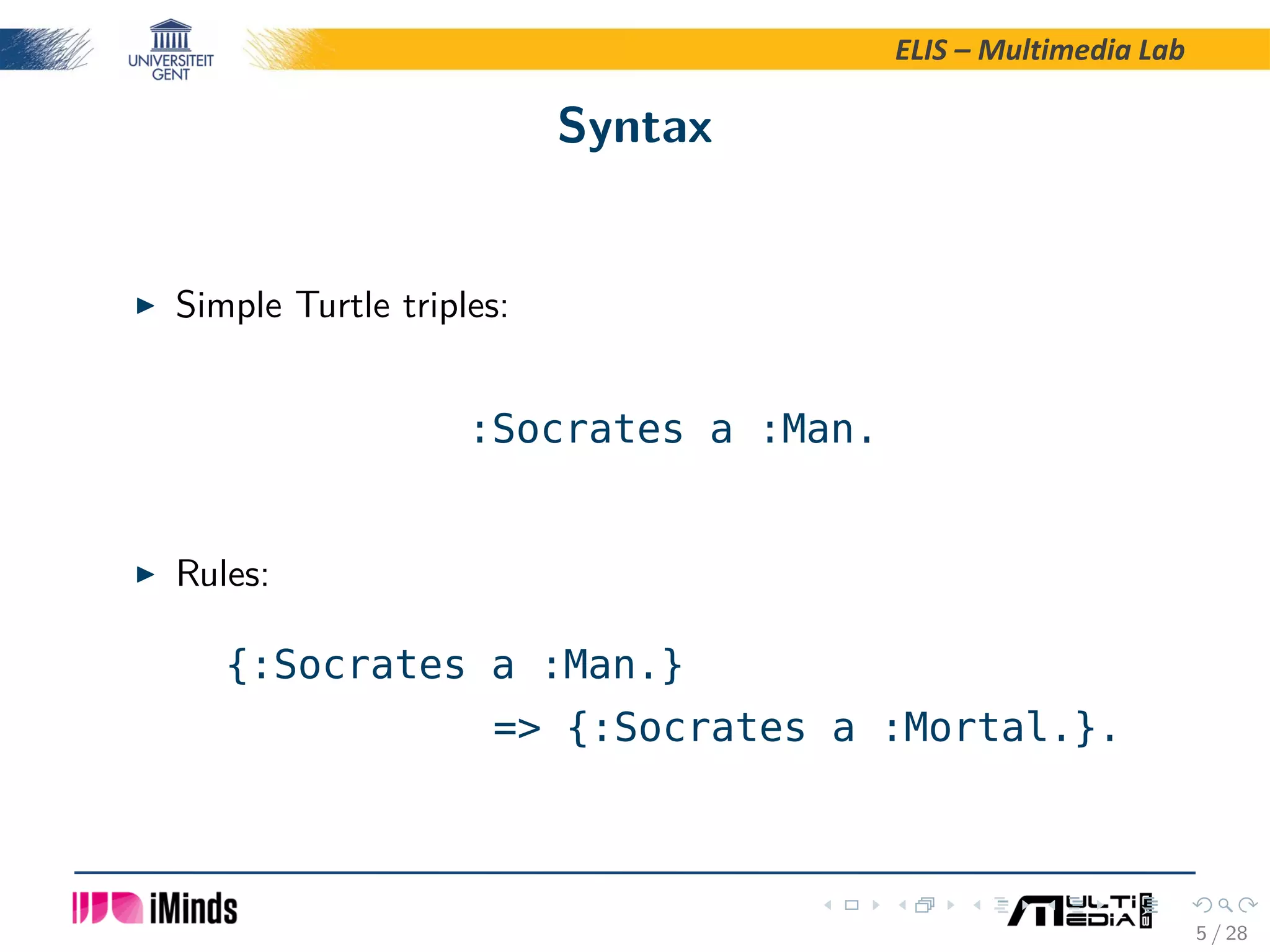ELIS – Multimedia Lab Syntax Simple Turtle triples: :Socrates a :Man. Rules: {:Socrates a :Man.} => {:Socrates a :Mortal.}. 5 / 28 