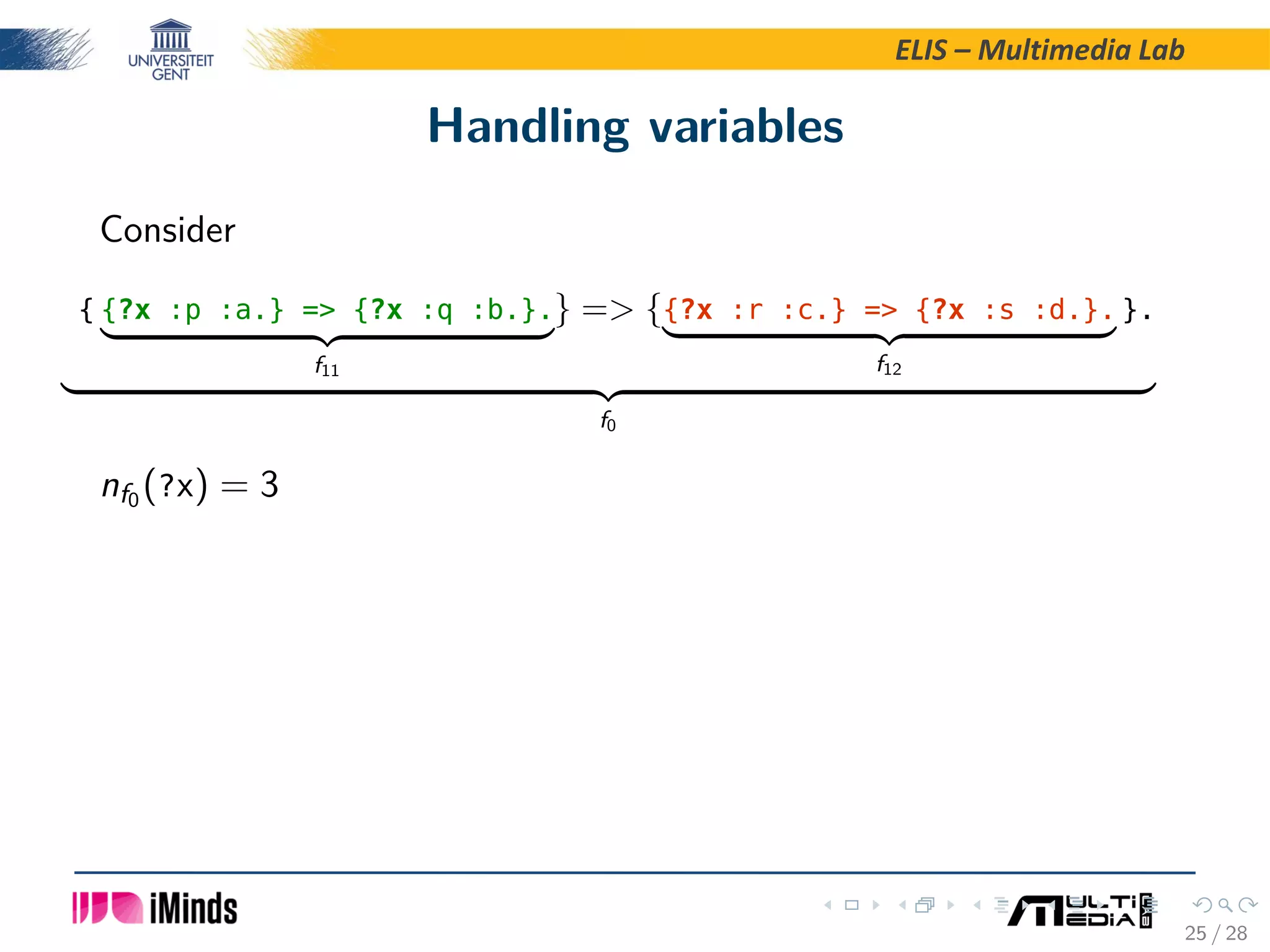ELIS – Multimedia Lab Handling variables Consider { {?x :p :a.} = {?x :q :b.}. f11 } = {{?x :r :c.} = {?x :s :d.}. f12 }. f0 nf0 (?x) = 3 25 / 28 