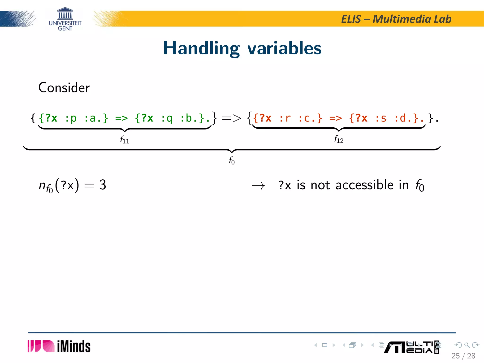 ELIS – Multimedia Lab Handling variables Consider { {?x :p :a.} = {?x :q :b.}. f11 } = {{?x :r :c.} = {?x :s :d.}. f12 }. f0 nf0 (?x) = 3 → ?x is not accessible in f0 25 / 28 