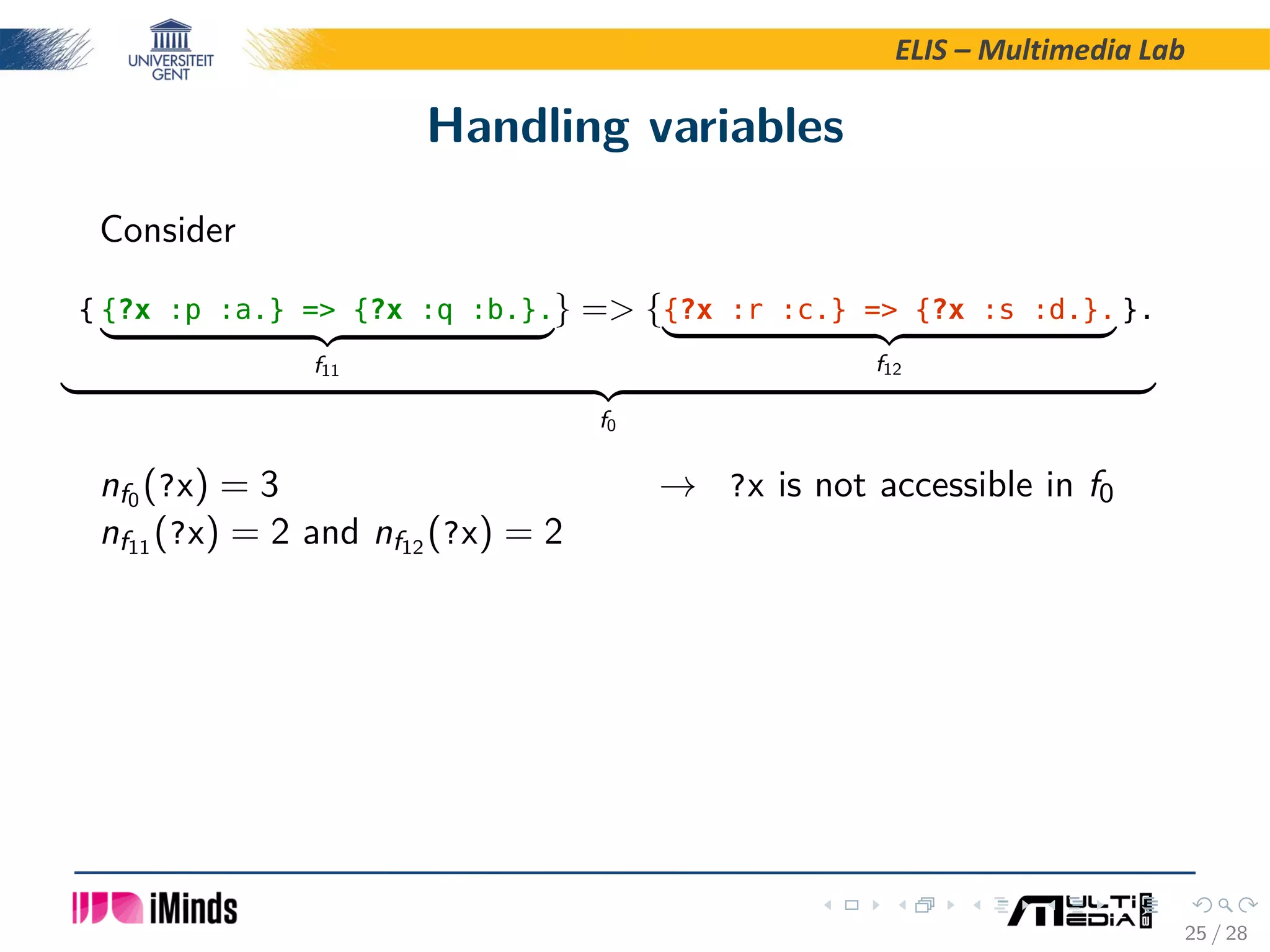 ELIS – Multimedia Lab Handling variables Consider { {?x :p :a.} = {?x :q :b.}. f11 } = {{?x :r :c.} = {?x :s :d.}. f12 }. f0 nf0 (?x) = 3 → ?x is not accessible in f0 nf11 (?x) = 2 and nf12 (?x) = 2 25 / 28 