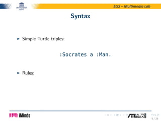 ELIS – Multimedia Lab
Syntax
Simple Turtle triples:
:Socrates a :Man.
Rules:
5 / 28
 