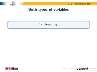 ELIS – Multimedia Lab
Both types of variables
?x :loves _:y.
11 / 28
 