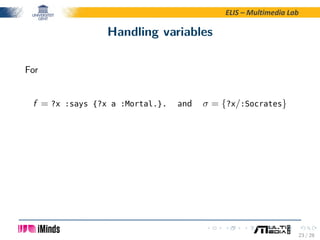 ELIS – Multimedia Lab
Handling variables
For
f = ?x :says {?x a :Mortal.}. and σ = {?x/:Socrates}
23 / 28
 