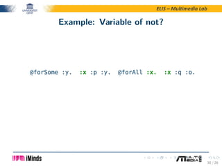 ELIS – Multimedia Lab
Example: Variable of not?
@forSome :y. :x :p :y. @forAll :x. :x :q :o.
30 / 28
 