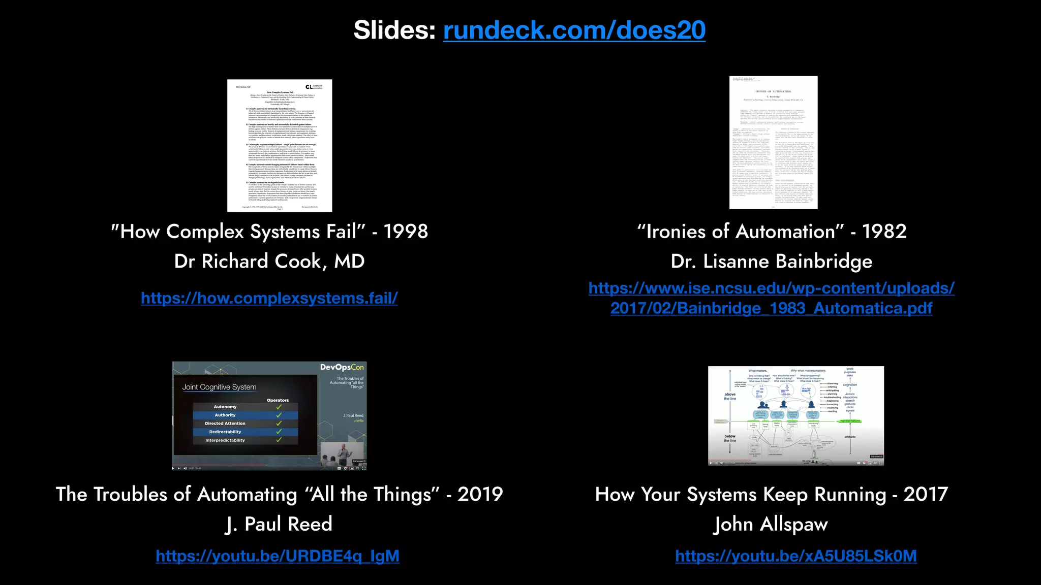 "How Complex Systems Fail” - 1998
Dr Richard Cook, MD
https://how.complexsystems.fail/
“Ironies of Automation” - 1982
Dr. Lisanne Bainbridge
https://www.ise.ncsu.edu/wp-content/uploads/
2017/02/Bainbridge_1983_Automatica.pdf
https://youtu.be/URDBE4q_IgM
The Troubles of Automating “All the Things” - 2019
J. Paul Reed
How Your Systems Keep Running - 2017
John Allspaw
https://youtu.be/xA5U85LSk0M
Slides: rundeck.com/does20
 