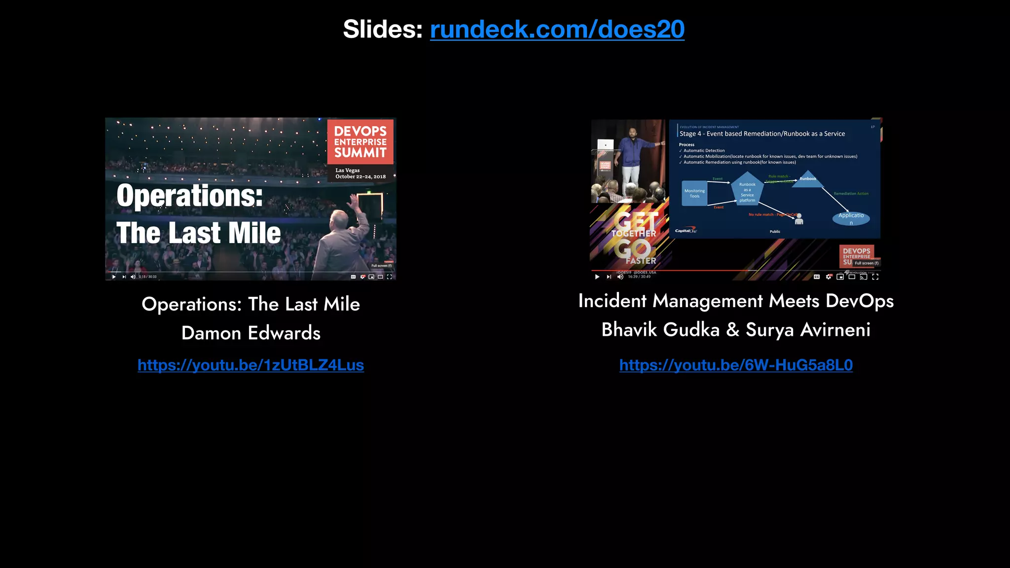 https://youtu.be/1zUtBLZ4Lus
Operations: The Last Mile
Damon Edwards
Slides: rundeck.com/does20
Operations:
The Last Mile
Incident Management Meets DevOps
Bhavik Gudka & Surya Avirneni
https://youtu.be/6W-HuG5a8L0
 