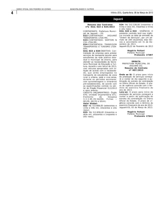 DIÁRIO OFICIAL DOS PODERES DO ESTADO   MUNICIPALIDADES E OUTROS

4                                                                                            Vitória (ES), Quarta-feira, 06 de Março de 2013

                                                                                                 Jaguaré
                                                             Resumo dos Contratos                        024- R$ 332.338,00 (trezentos e
                                                           nºs -022; 023 e 024/2013                      trinta e dois mil, trezentos e trinta
                                                                                                         e oito reais).
                                                        CONTRATANTE: Prefeitura Munici-                  022; 023 e 024 - VIGÊNCIA: O
                                                        pal de Jaguaré – ES.                             presente contrato terá sua vigên-
                                                        0 22 -C O NTRATA D A :           J A G UA RÉ     cia iniciada na data de emissão da
                                                        TRANSPORTES LTDA-ME;                             “Ordem de Serviços”, por um pe-
                                                        0 23 -C O NTRATAD A : SA RTO RI &                ríodo de 200 (duzentos) dias leti-
                                                        CIA LTDA-ME;                                     vos e vencimento em 31 de De-
                                                        024 -CO NTRATAD A: TRANS I G OR                  zembro de 2013.
                                                        TRANSPORTES E TURISMO LTDA-                      Jaguaré-ES,22 de Fevereiro de 2013
                                                        EPP;
                                                        022; 023 e 024-OBJETIVO: Con-                            Rogério Feitani
                                                        tratação de empresa para prestar                         Prefeito Municipal
                                                        serviços de transporte escolar para                              Protocolo 17487
                                                        estudantes da rede pública esta-                 __ ___ ___ ___ ____ ___ ___ ___
                                                                                                          ___ ___ ___ ____ ___ ___ ___ __
                                                        dual e municipal de ensino, para
                                                        atender as necessidades da Secre-                           ERRATA
                                                        taria Municipal de Educação e Cul-                  PREFEITURA MUNICIPAL DE
                                                        tura, durante o ano letivo de 2013,                       JAGUARÉ-ES;
                                                        com veículos apropriados com lo-                      Resumo do Contrato
                                                        tação de acordo com a necessida-                          nº 007/2013
                                                        de , qu e s e rã o e mpr e ga do s n o
                                                        transporte de estudantes da zona                 Onde se lê: O prazo para i nício
                                                        rural e urbana, sede e vice-versa,               da prestação de serviços começa-
                                                        du ran te os per í o dos es col are s,           rá a contar do dia seguinte a pu-
                                                        com quilometragens e itinerários                 blicação do extrato da contratação
                                                        pré-estabelecidos, de acordo com                 no Diário Oficial do Estado. O pra-
                                                        as especificações contida no edi-                zo de vigência coincide com o tér-
                                                        tal de Pregão Presencial 013/2013                mino do exercíci o fi nancei ro do
                                                        e seus anexos;                                   ano de 2013.
                                                        CRÉDITO ORÇAMENTÁRIO: Órgão                      Leia-se: O prazo para início da
                                                        070; Uni dade Orçamentária 071;                  prestação de serviços começará a
                                                        E l eme n to             de       D e s pe s a   contar a partir da publi cação do
                                                        3 . 3. 3 . 90 . 3 9. 5 6 0 00 ; Fi c h as –      extrato da contratação no Diário
                                                        00139; 00174 e 00141.                            Oficial do Estado. O prazo de vi-
                                                        Valor Global:                                    gência coincide com o término do
                                                        022- R$ 723.808,00 (setecentos e                 exercício financeiro do ano de 2013.
                                                        vinte e três mil, oitocentos e oito              Jaguaré-ES, 05 de Março de 2013.
                                                        reais).
                                                        023- R$ 312.858,00 (trezentos e                          Rogério Feitani
                                                        doze mil, oitocentos e cinqüenta e                       Prefeito Municipal
                                                        oito reais).                                                     Protocolo 17641
 