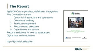 Agile/DevOps importance, definitions, background
Five Competency Areas
1. Dynamic infrastructure and operations
2. Continuous delivery
3. Product management
4. Resource and execution
5. Organization and culture
Recommendations for course adaptations
Digital labs and simulations
http://dynamicit.education
The Report
 
