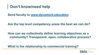 Send faculty to www.dynamicit.education
Are the top level competency areas the best we can do?
How can we collectively define learning objectives as a
community? Transparent, open, collaborative process?
What is the relationship to commercial training?
Don’t know/need help
 