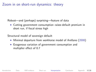 Zoom in on short-run dynamics: theory
Robust—and (perhaps) surprising—feature of data
Cutting government consumption raise...