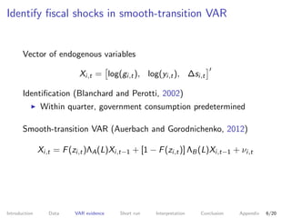 Identify ﬁscal shocks in smooth-transition VAR
Vector of endogenous variables
Xi,t = log(gi,t), log(yi,t), ∆si,t
Identiﬁca...