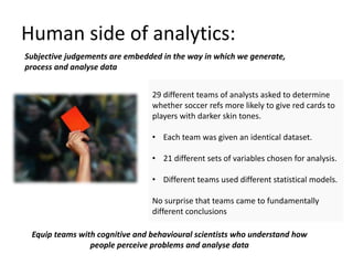 Human side of analytics:
29 different teams of analysts asked to determine
whether soccer refs more likely to give red cards to
players with darker skin tones.
• Each team was given an identical dataset.
• 21 different sets of variables chosen for analysis.
• Different teams used different statistical models.
No surprise that teams came to fundamentally
different conclusions
Subjective judgements are embedded in the way in which we generate,
process and analyse data
Equip teams with cognitive and behavioural scientists who understand how
people perceive problems and analyse data
 