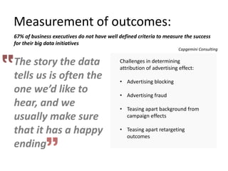 Measurement of outcomes:
Challenges in determining
attribution of advertising effect:
• Advertising blocking
• Advertising fraud
• Teasing apart background from
campaign effects
• Teasing apart retargeting
outcomes
The story the data
tells us is often the
one we’d like to
hear, and we
usually make sure
that it has a happy
ending
67% of business executives do not have well defined criteria to measure the success
for their big data initiatives
Capgemini Consulting
 
