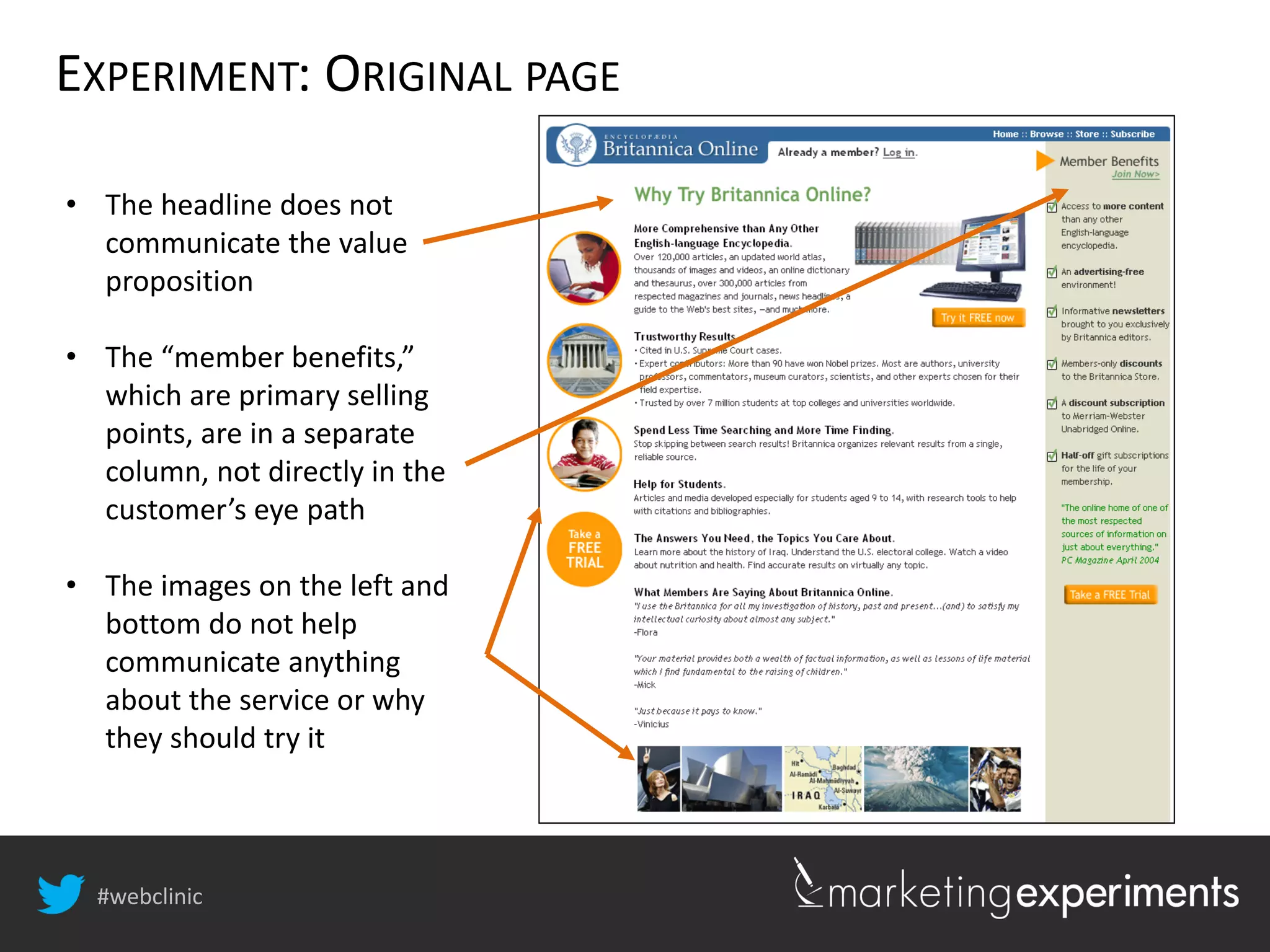 #webclinic
• The headline does not
communicate the value
proposition
• The “member benefits,”
which are primary selling
points, are in a separate
column, not directly in the
customer’s eye path
• The images on the left and
bottom do not help
communicate anything
about the service or why
they should try it
EXPERIMENT: ORIGINAL PAGE
 