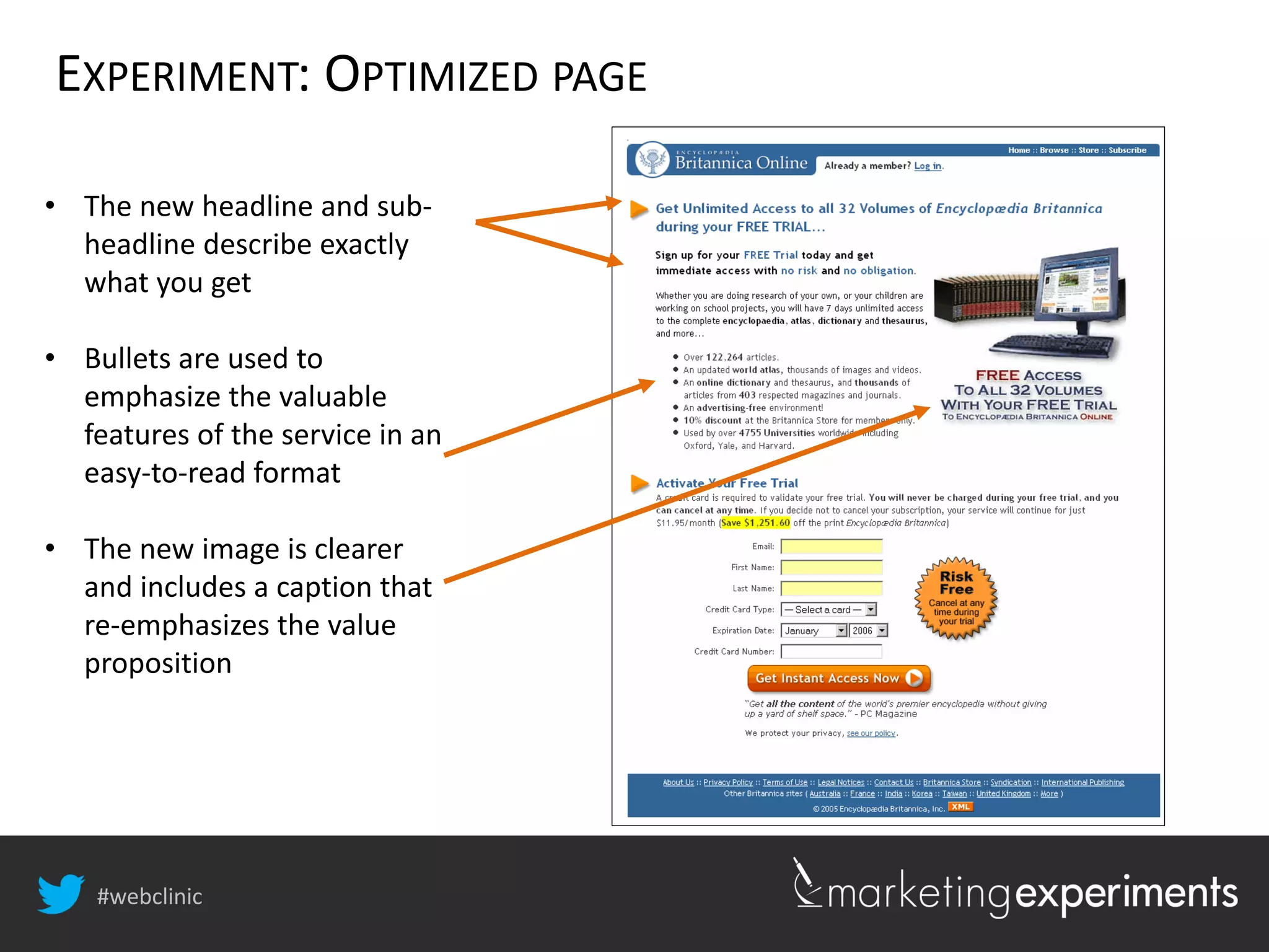 #webclinic
• The new headline and sub-
headline describe exactly
what you get
• Bullets are used to
emphasize the valuable
features of the service in an
easy-to-read format
• The new image is clearer
and includes a caption that
re-emphasizes the value
proposition
EXPERIMENT: OPTIMIZED PAGE
 