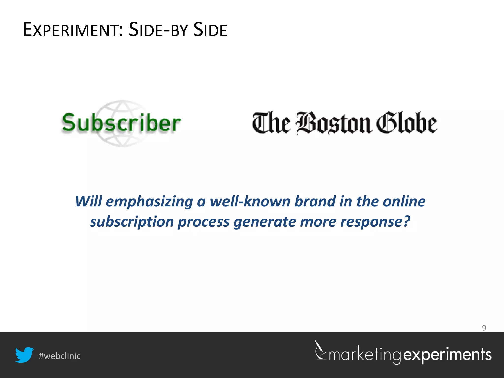 #webclinic
9
EXPERIMENT: SIDE-BY SIDE
Will emphasizing a well-known brand in the online
subscription process generate more response?
 
