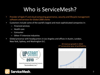 Who is ServiceMesh?
•   Provider of Agile IT and cloud computing governance, security and lifecycle management
    software and services for Global 2000 clients
•   Customers include some of the world’s largest and most sophisticated companies in:
     – Financial services
     – Health care
     – Consumer
     – Other IT-intensive industries
•   Global presence with headquarters in Los Angeles and offices in Austin, London,
    New York, Sydney, and Washington D.C.
                                                               3X revenue growth in 2010
                                                        3rd   consecutive year of profitability




                                                                                                  2
 