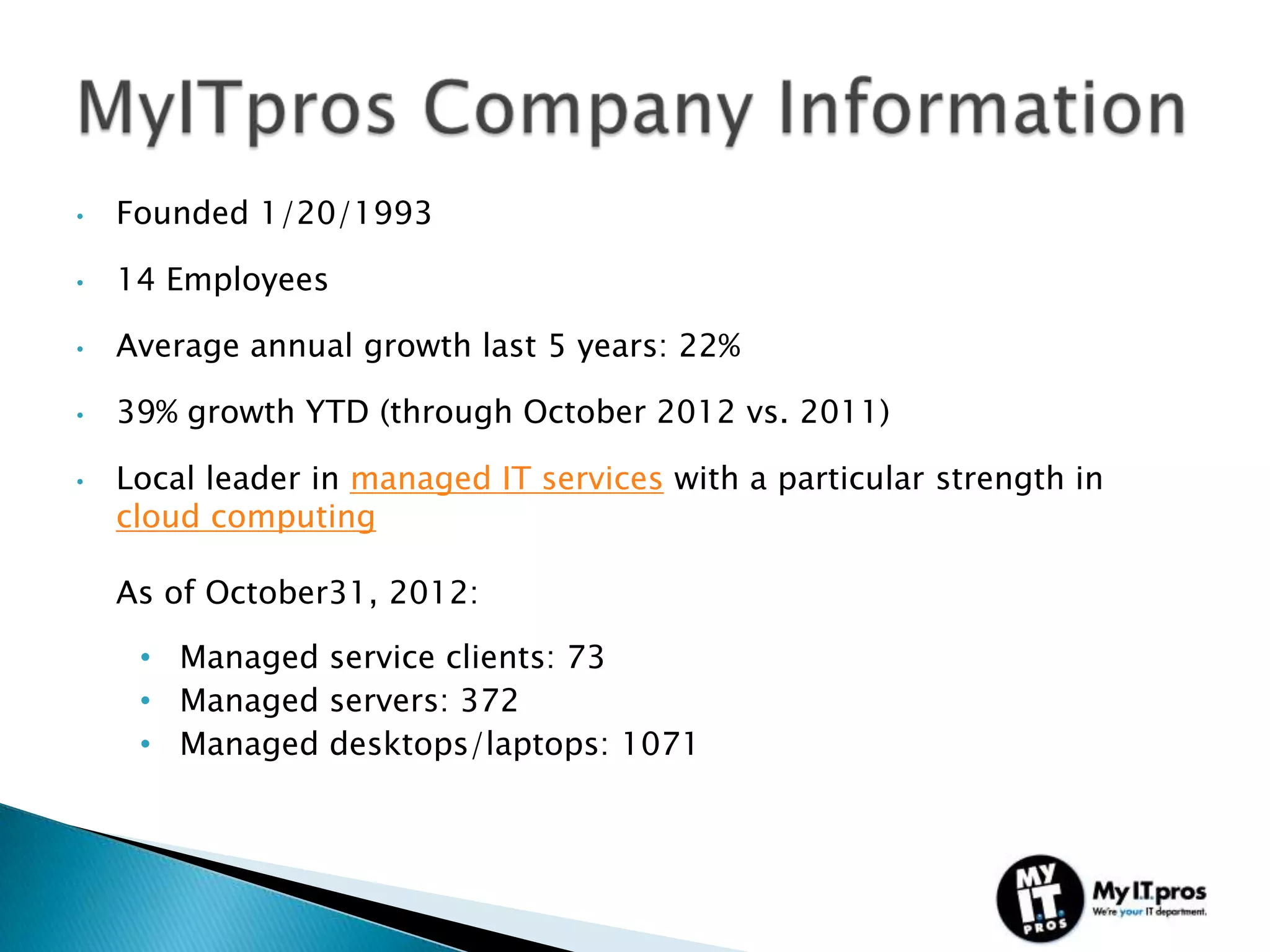 •   Founded 1/20/1993

•   14 Employees

•   Average annual growth last 5 years: 22%

•   39% growth YTD (through October 2012 vs. 2011)

•   Local leader in managed IT services with a particular strength in
    cloud computing

    As of October31, 2012:

     • Managed service clients: 73
     • Managed servers: 372
     • Managed desktops/laptops: 1071
 