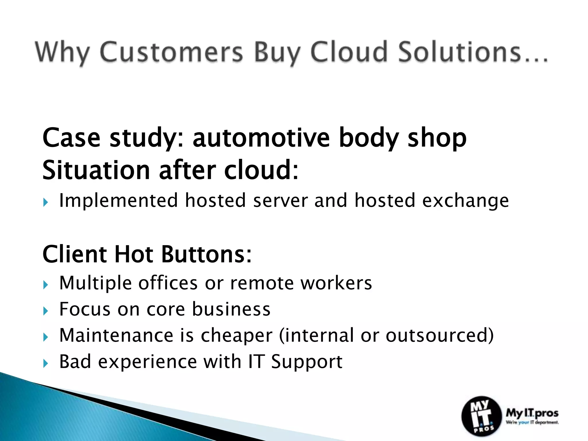 Case study: automotive body shop
Situation after cloud:
   Implemented hosted server and hosted exchange

Client Hot Buttons:
   Multiple offices or remote workers
   Focus on core business
   Maintenance is cheaper (internal or outsourced)
   Bad experience with IT Support
 