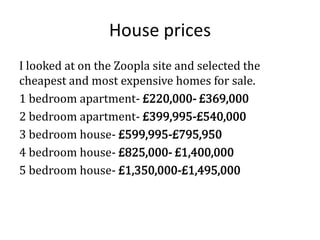 House prices
I looked at on the Zoopla site and selected the
cheapest and most expensive homes for sale.
1 bedroom apartment- £220,000- £369,000
2 bedroom apartment- £399,995-£540,000
3 bedroom house- £599,995-£795,950
4 bedroom house- £825,000- £1,400,000
5 bedroom house- £1,350,000-£1,495,000

 